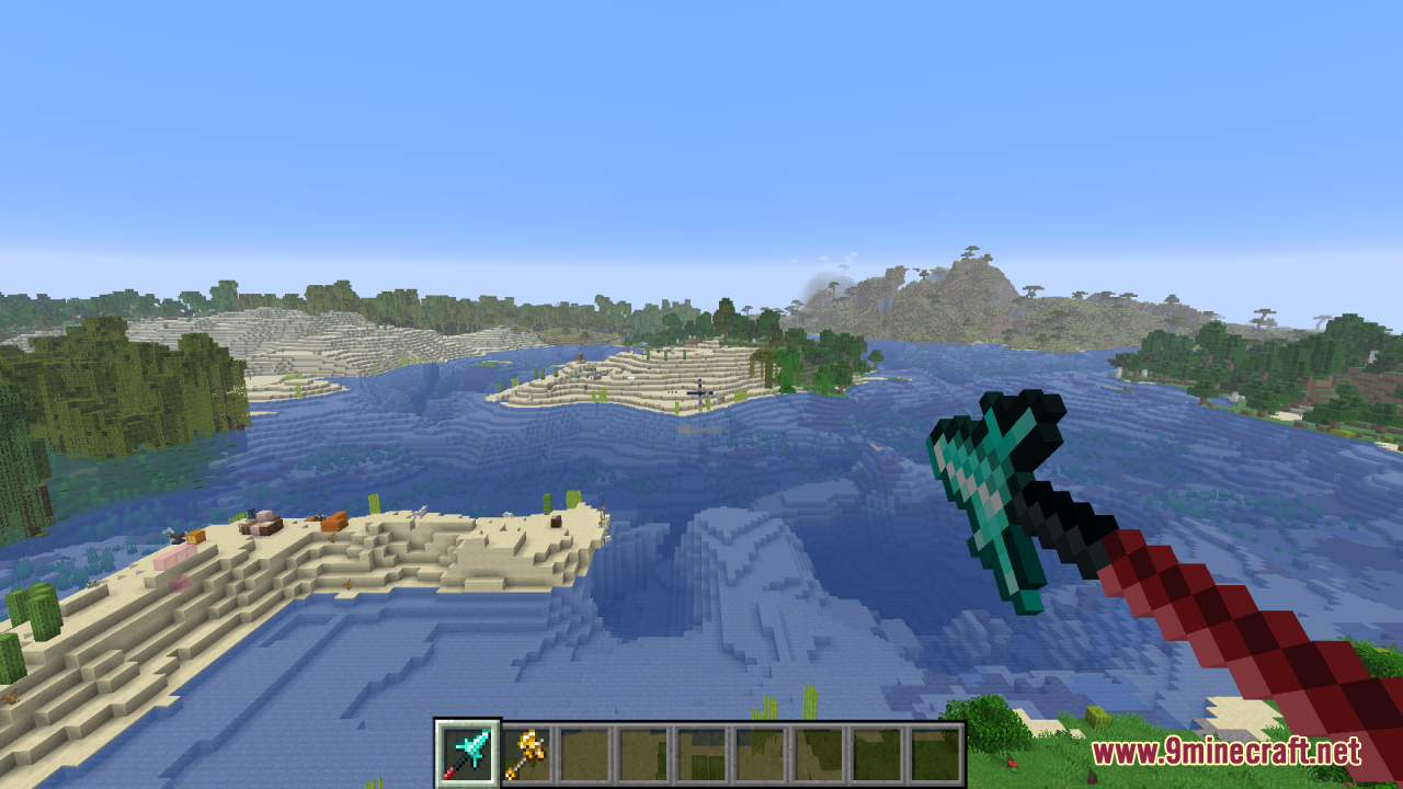 Tools Reimagined Resource Pack Screenshot 5 Player holding a uniquely shaped diamond pickaxe with a red handle near the sea