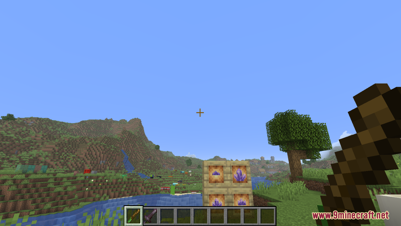Tools Reimagined Resource Pack Screenshot 6 Player holding a custom wooden tool looking at amethyst shards in item frames