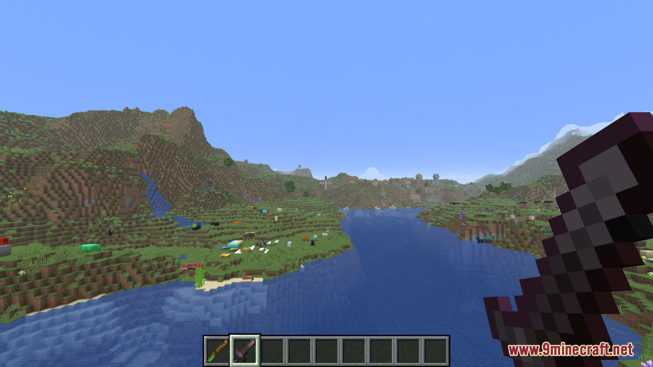 Tools Reimagined Resource Pack Screenshot 9 First person view of a player holding a dark sword in Minecraft
