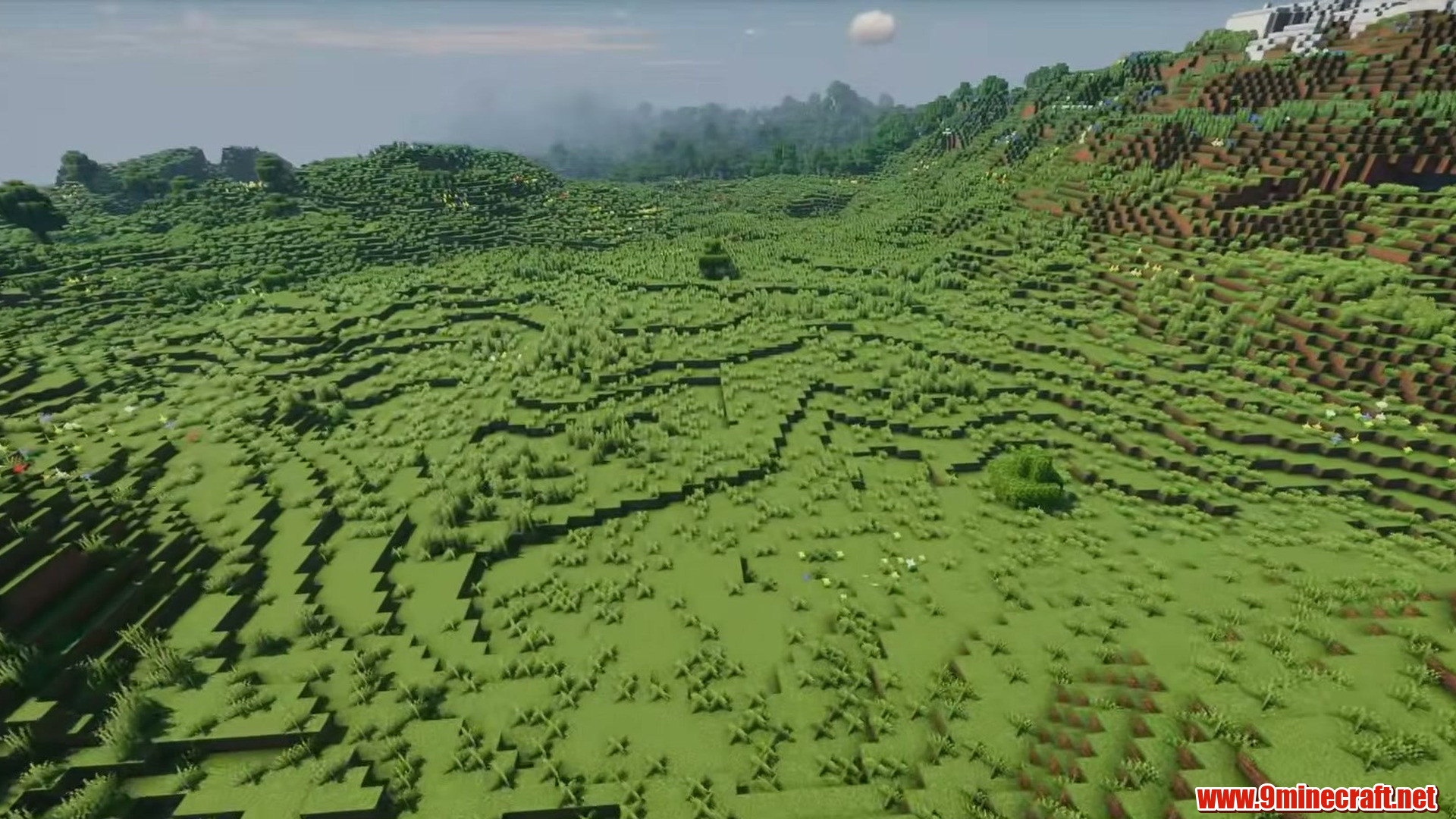 Gentle meadow rise over flat plains in Minecraft seed 6951091604588657403