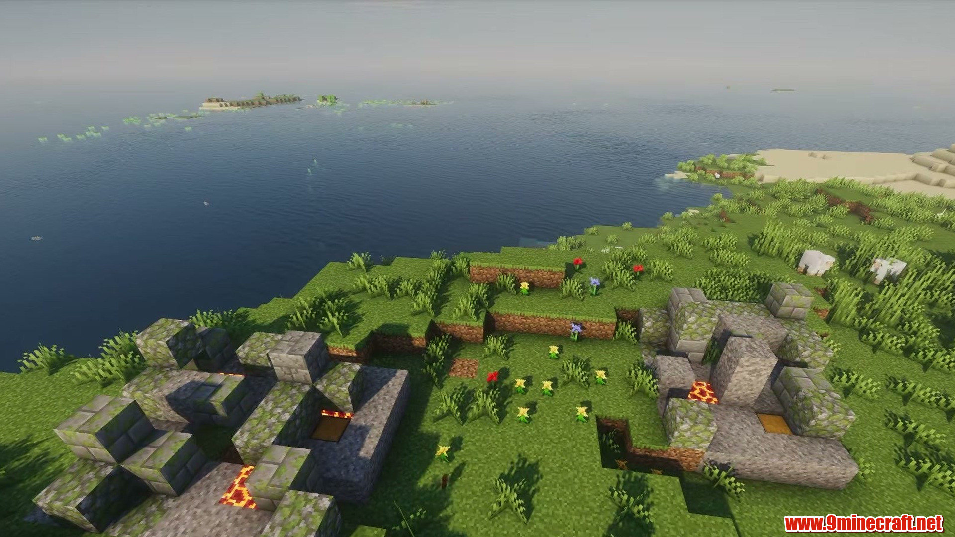 Stone ruins beside a coastal village in Minecraft seed 3792802263514092053