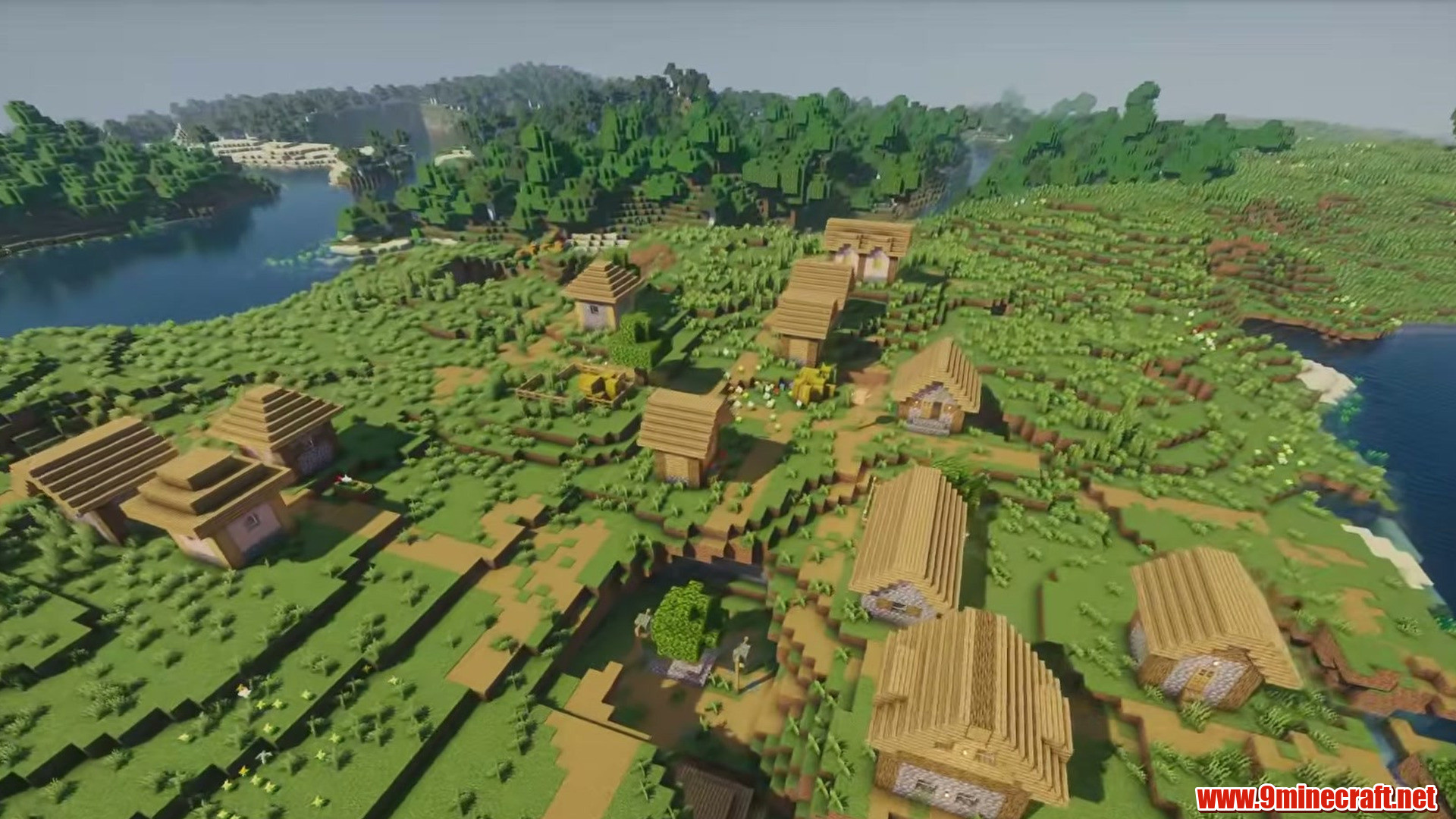 Village around a pond with sakura in Minecraft seed -2835649498762923371