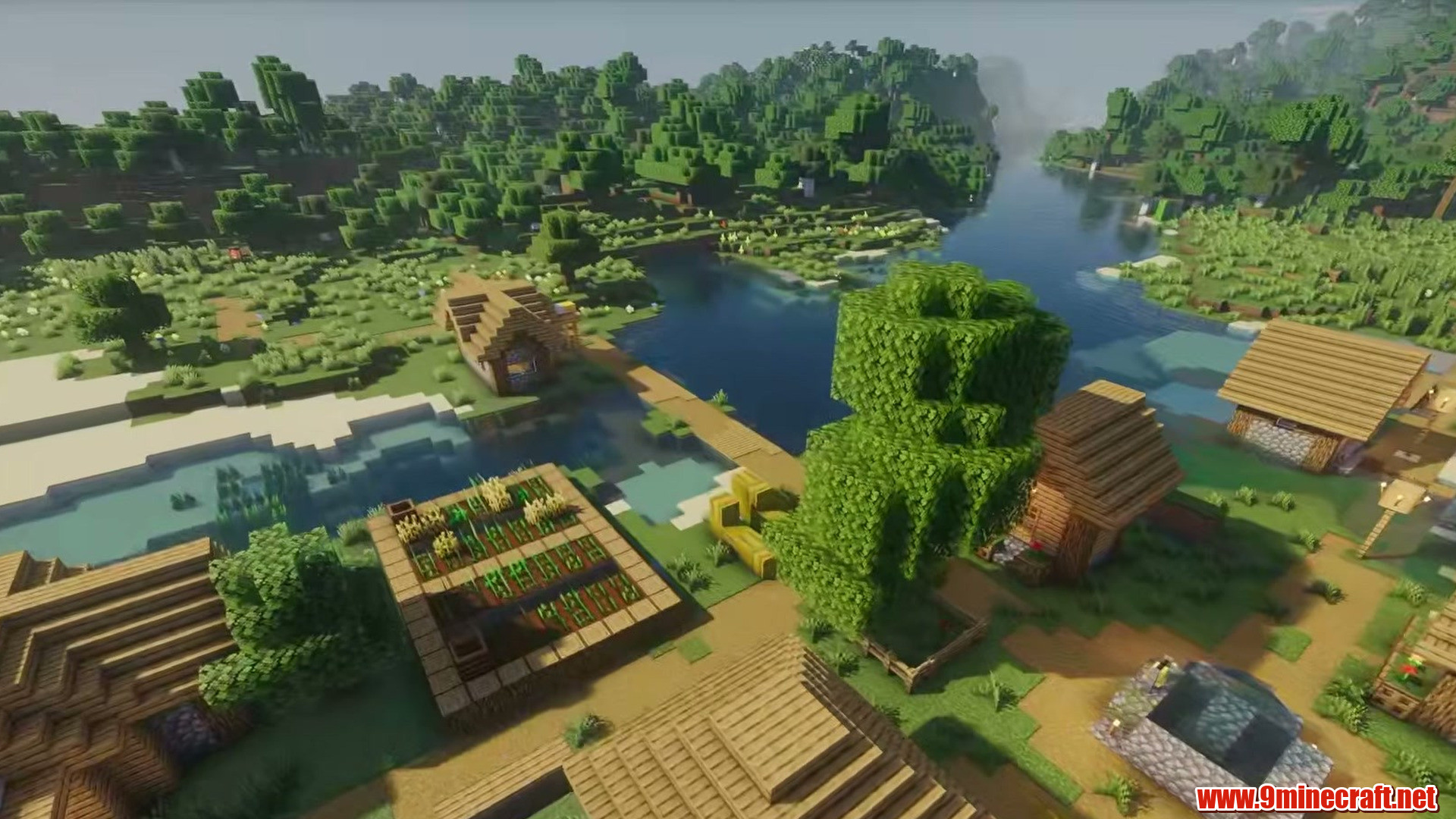 Lakeside village in the mist in Minecraft seed 5277138702343401765