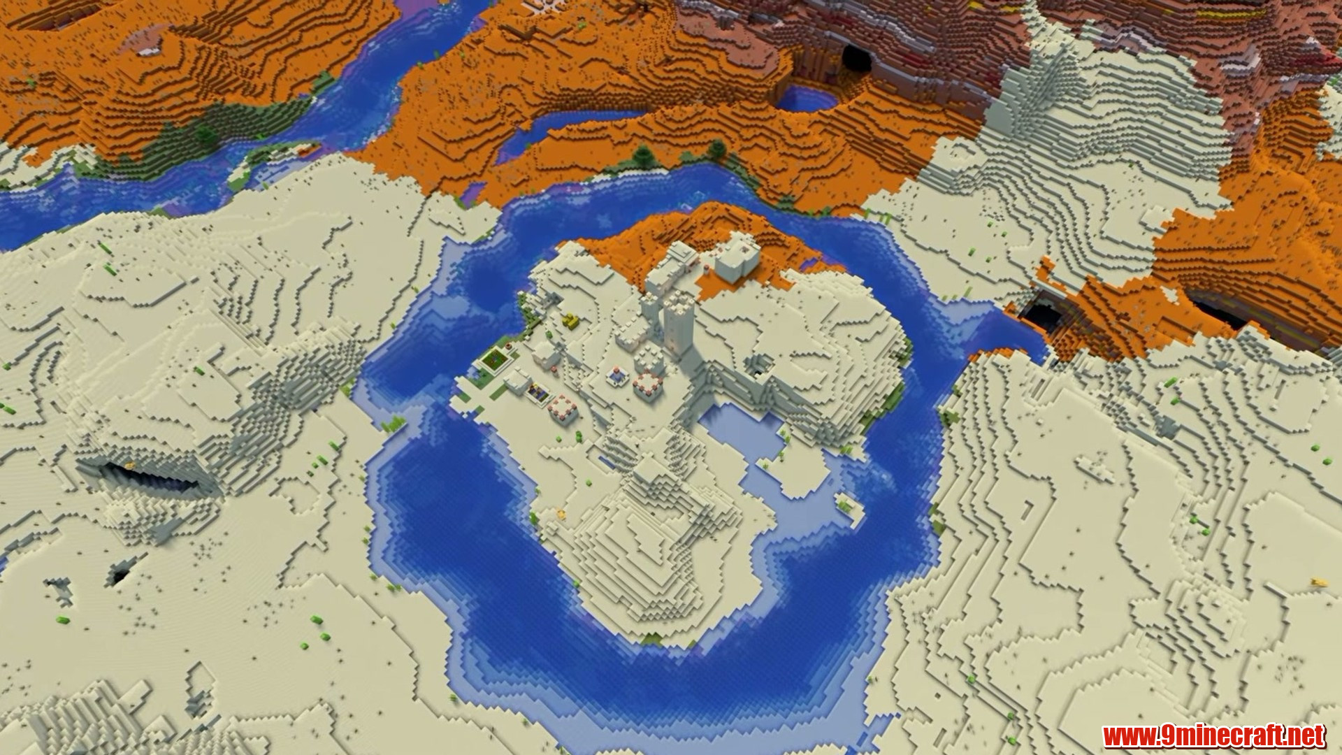 Desert village surrounded by a river moat in Minecraft seed 577910307