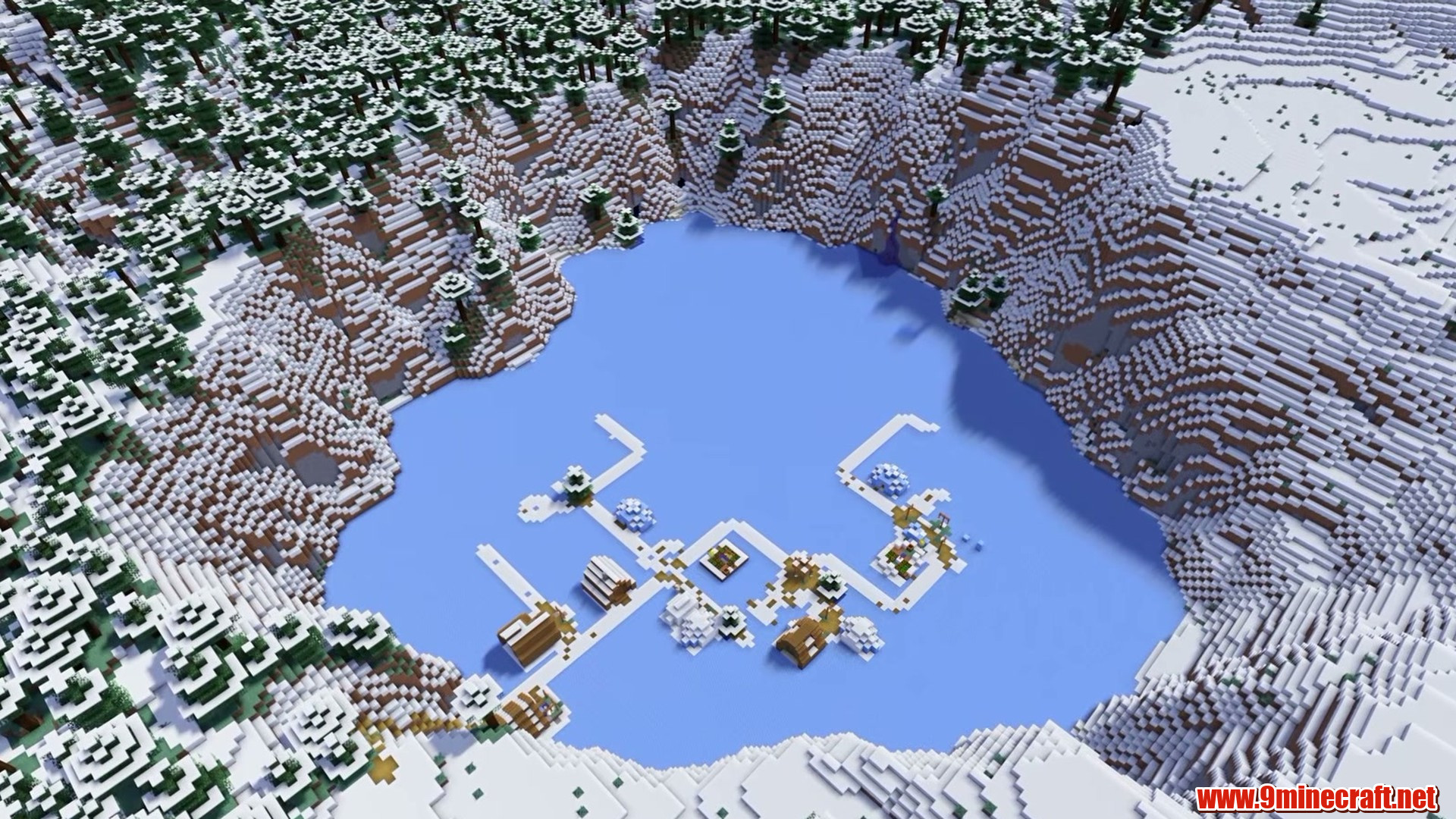 Village on a frozen crater lake in Minecraft seed 804203183