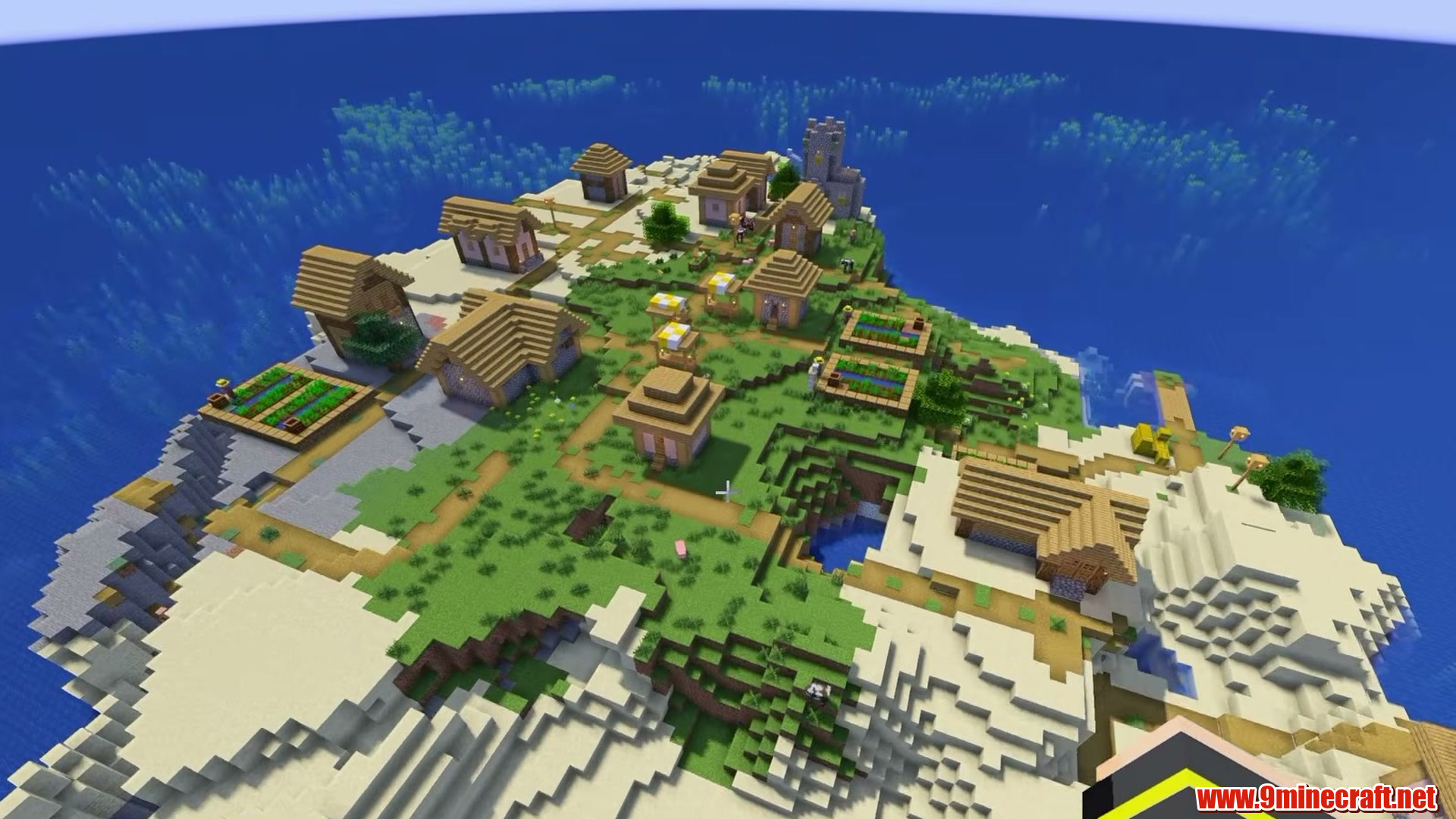 Island village surrounded by ocean in Minecraft seed 123454532311368