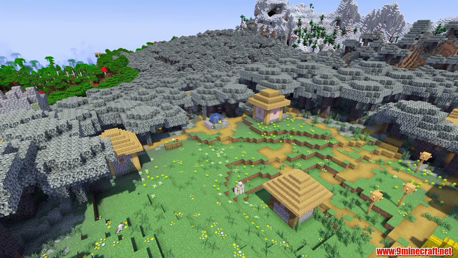 Village beneath pale garden cliffs in Minecraft seed -3538984882182982215