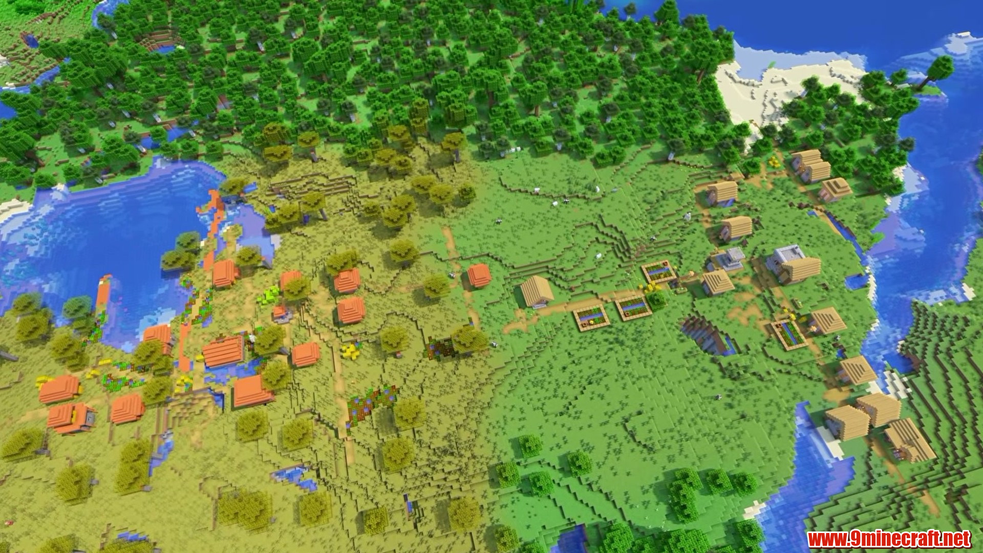Twin villages on open plains in Minecraft seed 1343442316