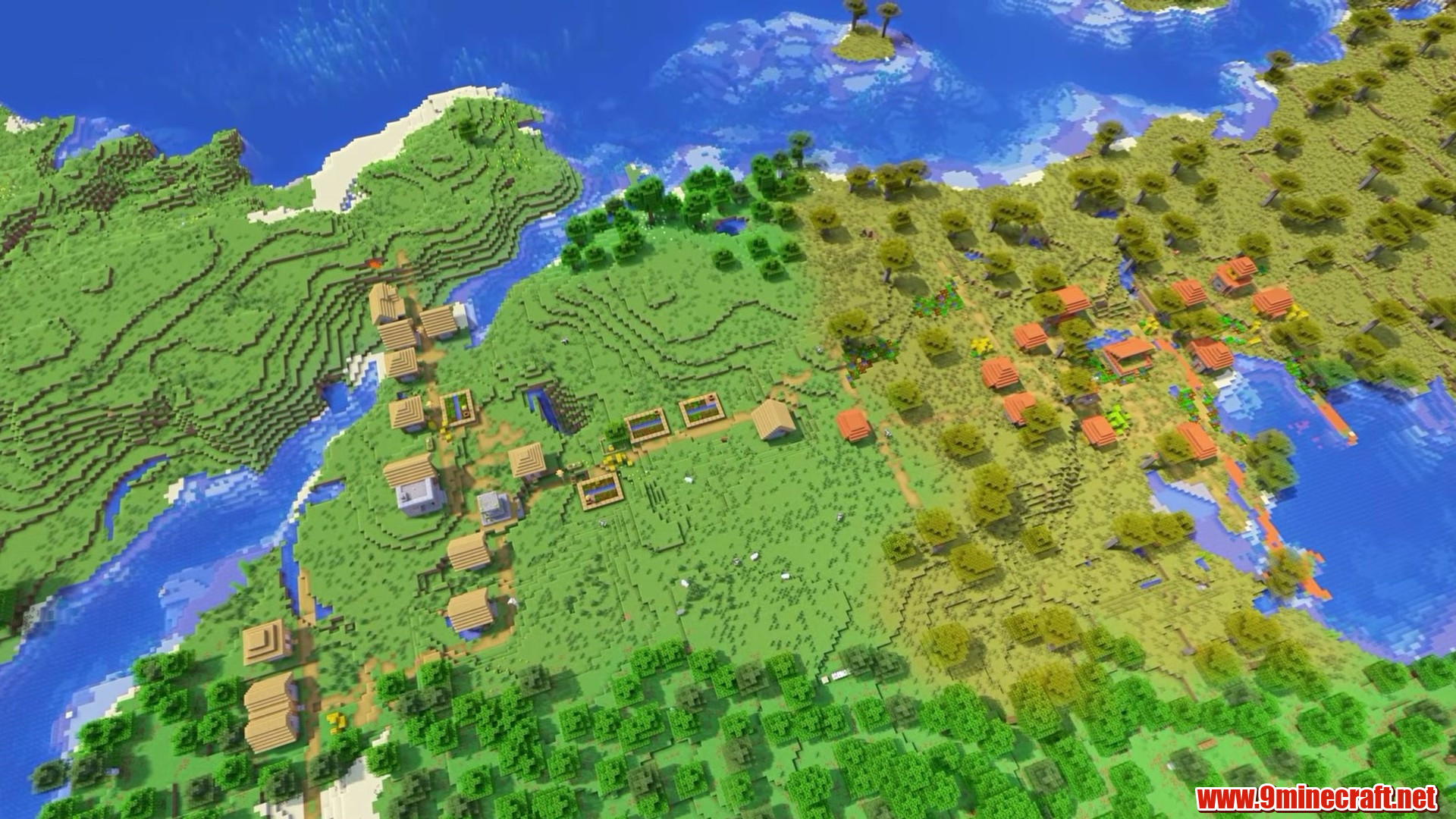 Aerial view of the double village spawn