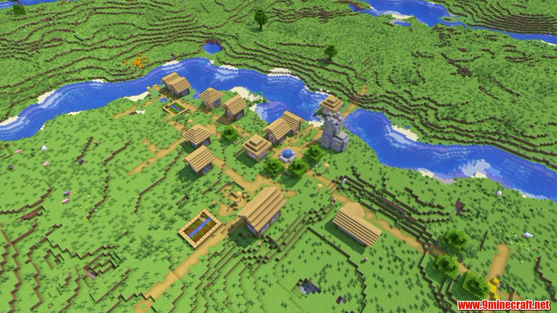 Multiple villages along a river in Minecraft seed 3988218963704614466
