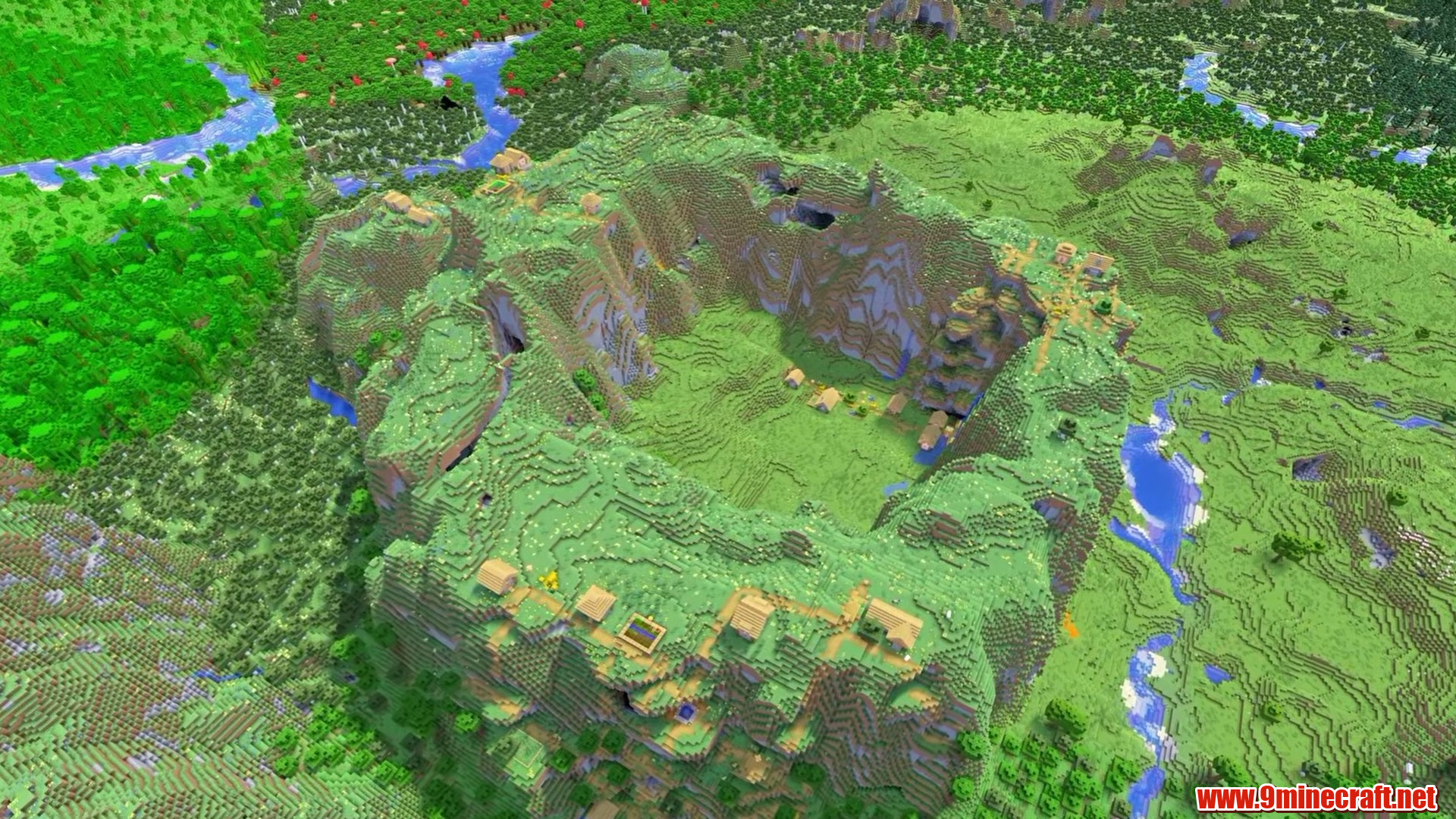 Villages around a meadow bowl in Minecraft seed 61222108333