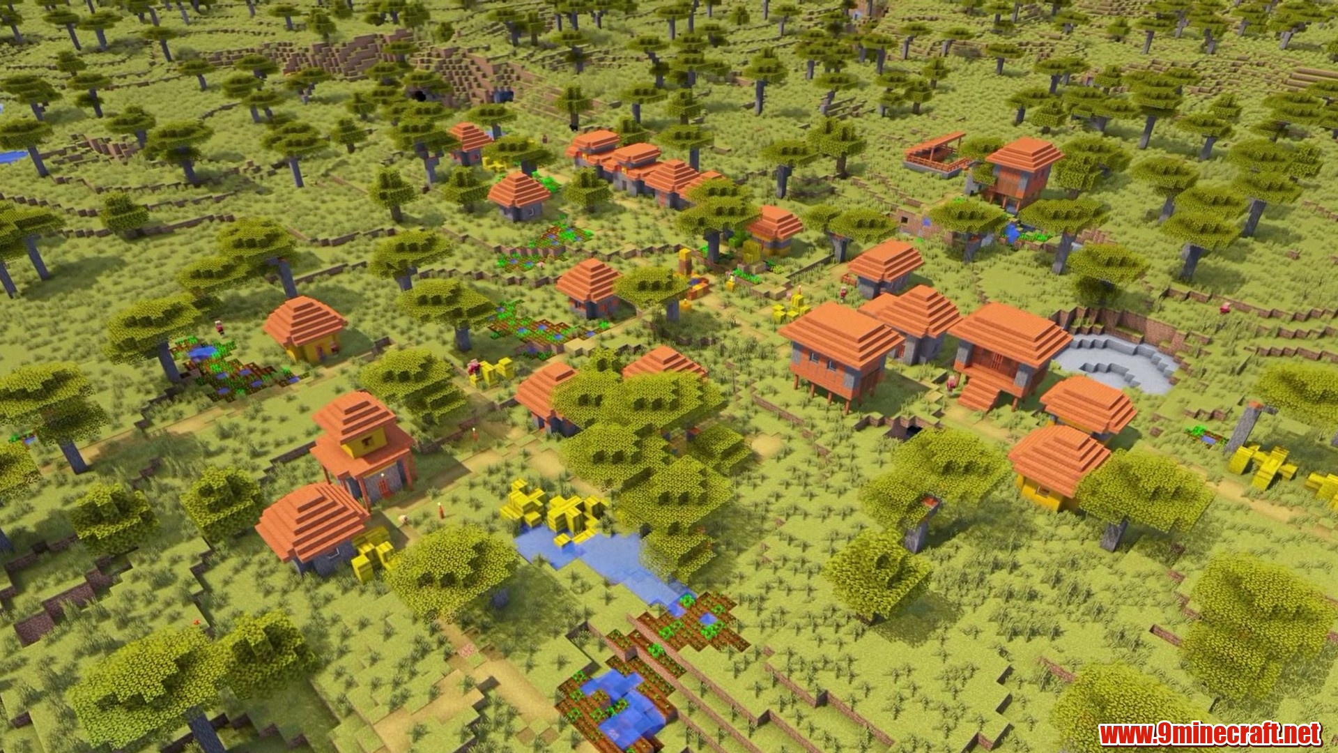Sprawling savanna village in Minecraft seed 10460844007