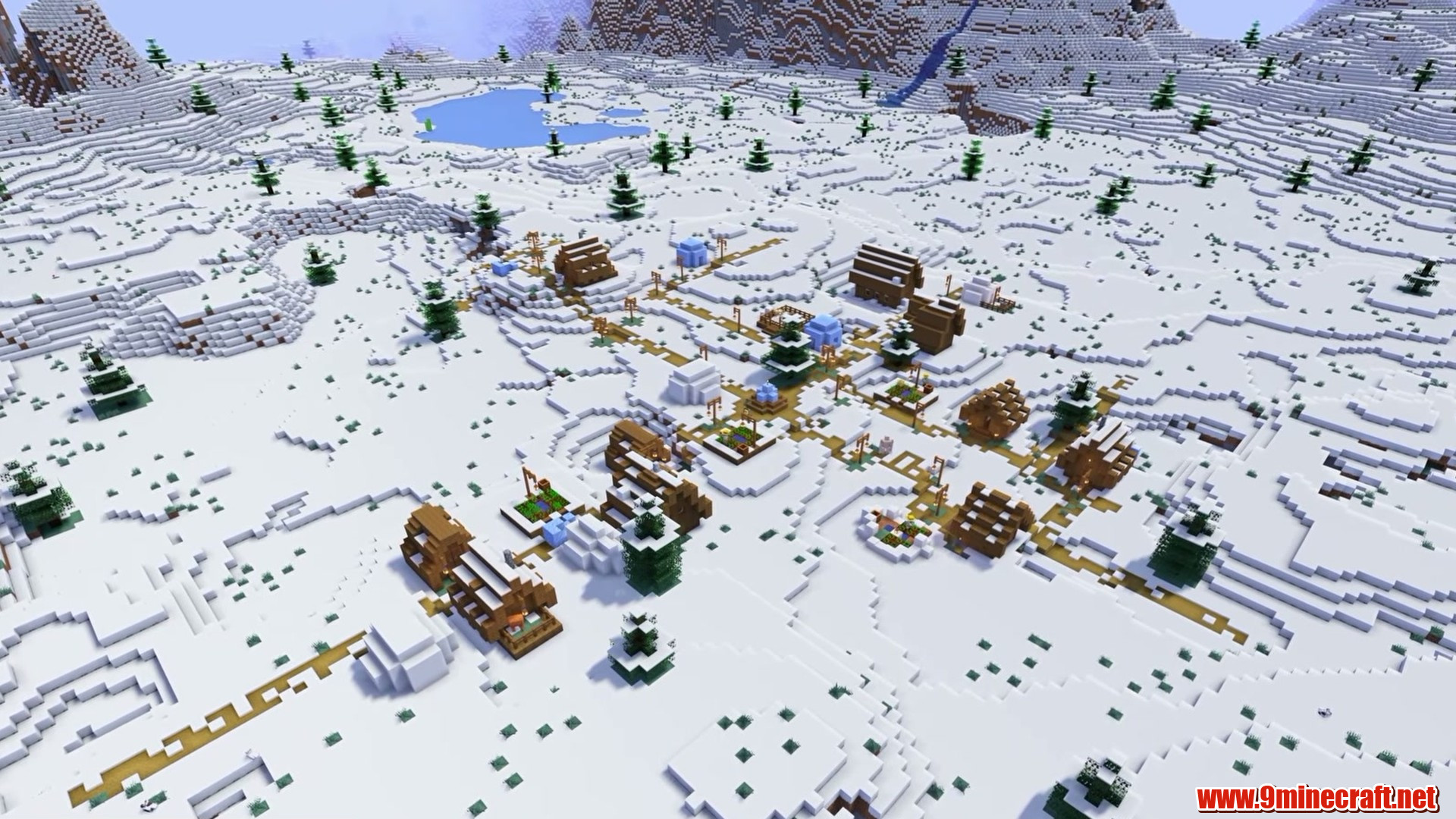 Snowy village near spawn in Minecraft seed 2933701339