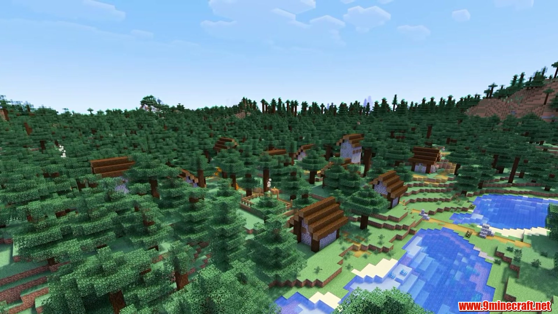 Forest village rooftops between the trees