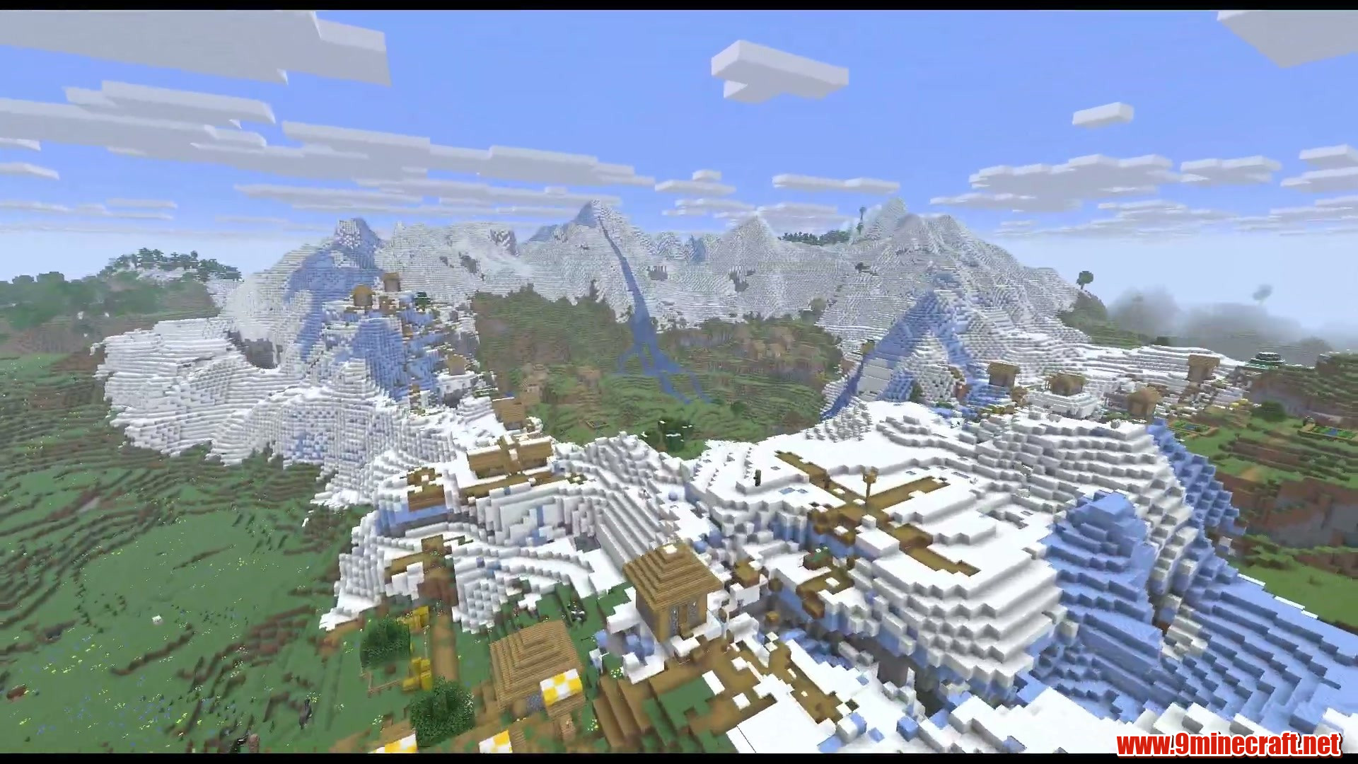Hidden snowy village valley in Minecraft seed -5637775040190979408