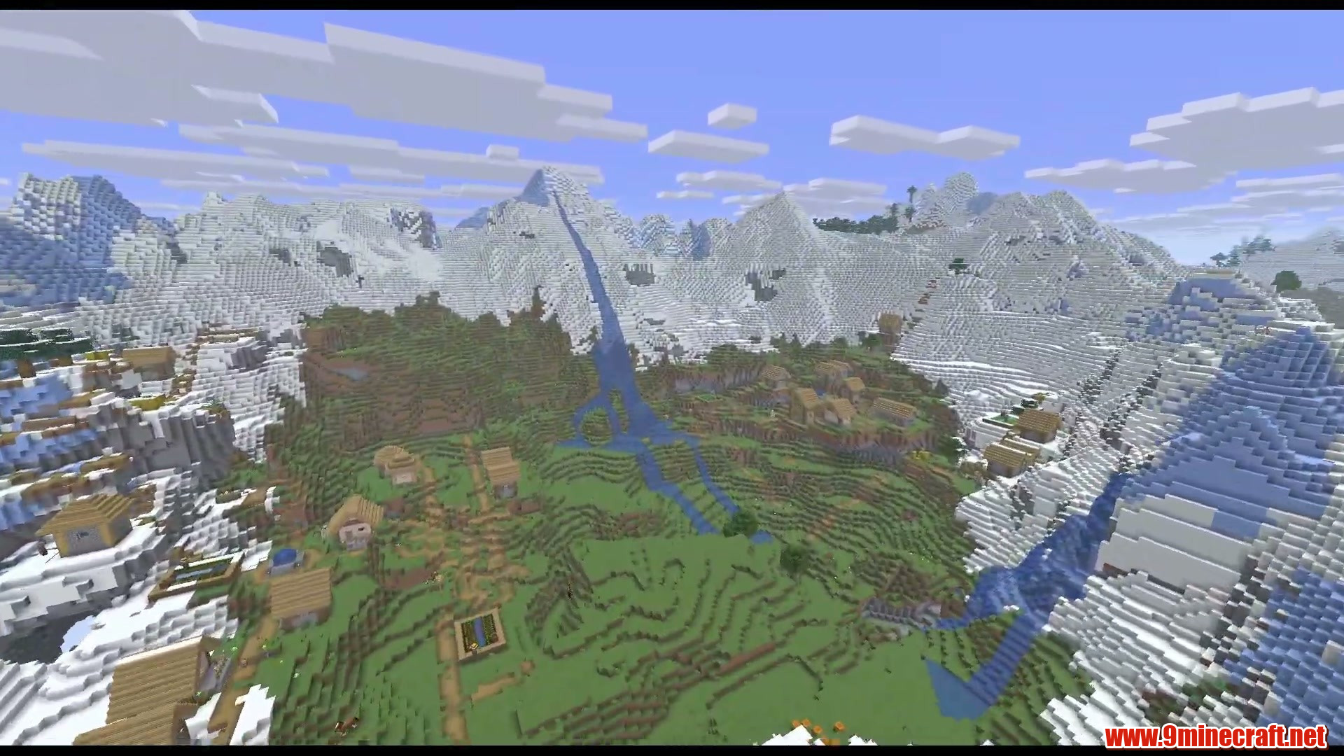 Snowy mountain village and waterfall near spawn