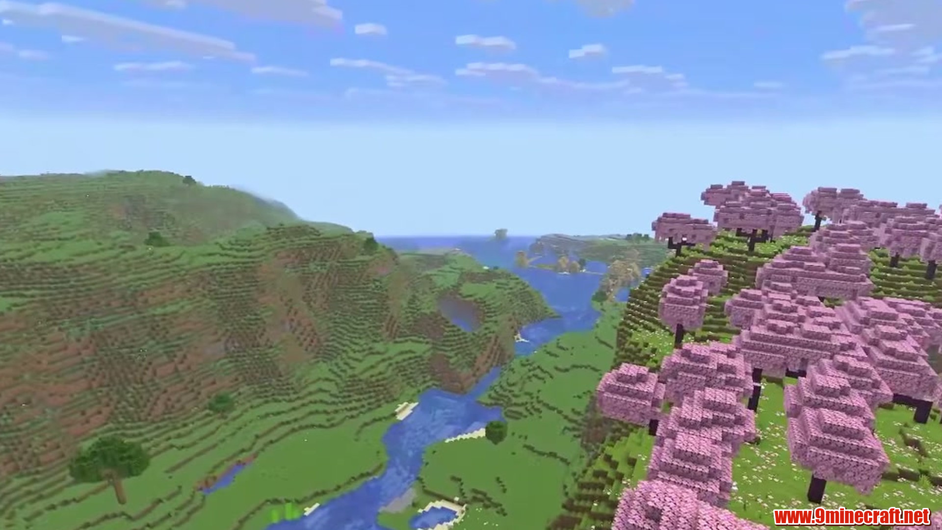 Cherry grove and winding river near the spawn village