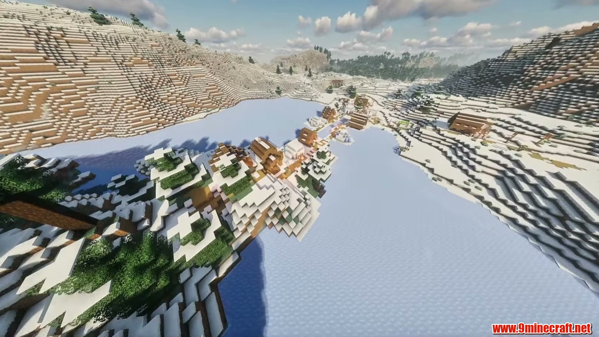 Snowy village amphitheater in Minecraft seed 6796578657547