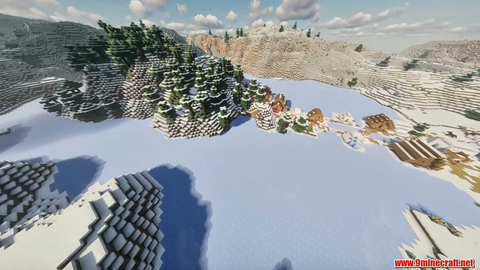 Wide aerial view of the snowy plains survival start