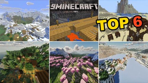 Top 6 Insane New Seeds for Minecraft 26.2 - snowy village, cherry grove, desert outpost, and mountain village collage