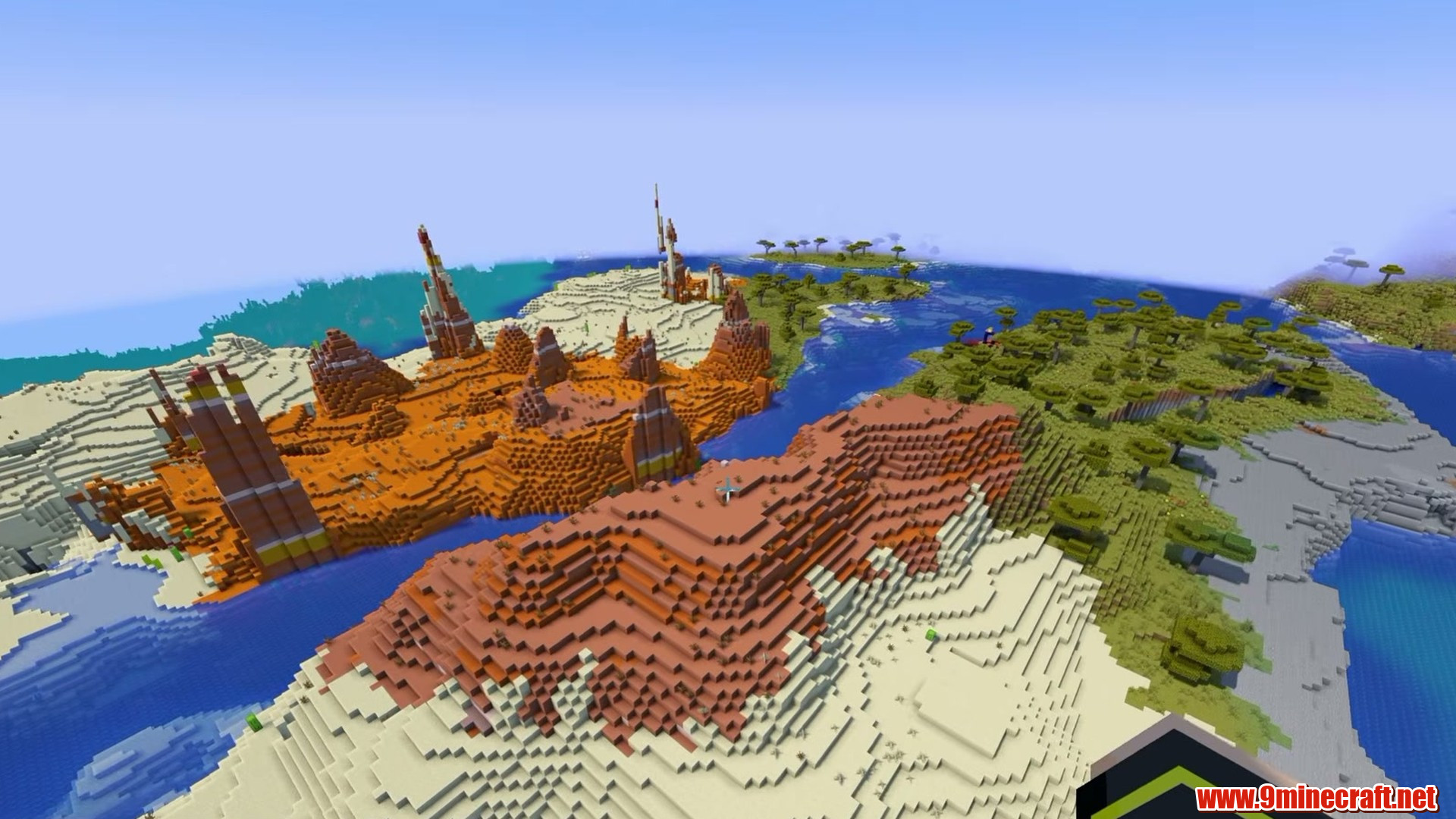 Badlands and savanna coast on the all-biome island