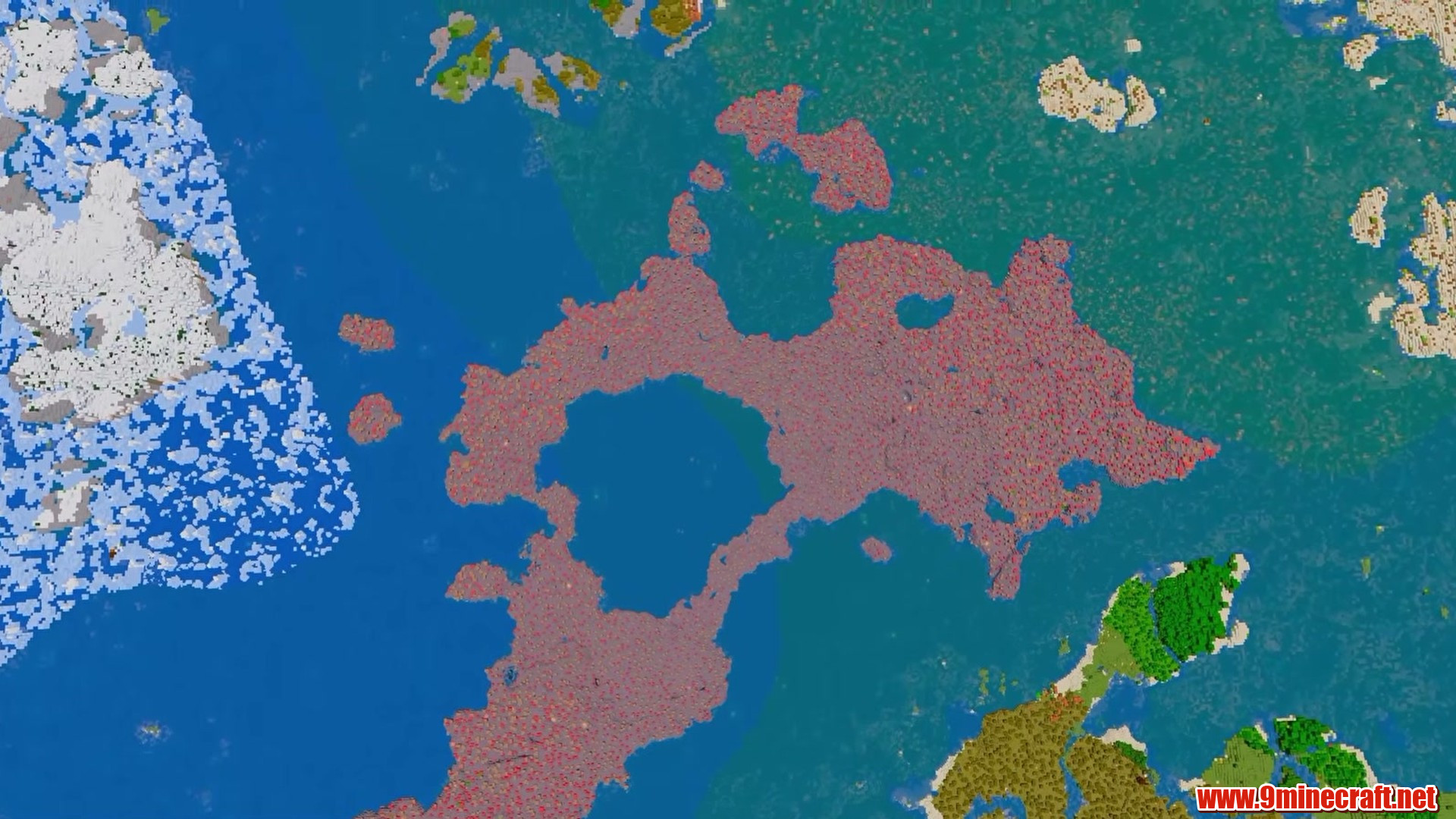 Mushroom field ring around a lagoon in Minecraft seed 808000009593427812