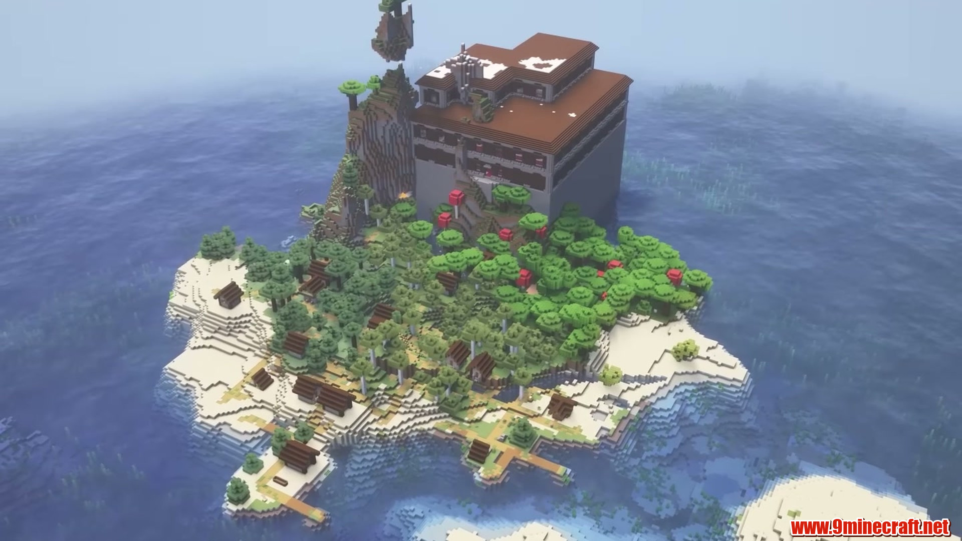 Woodland mansion towering over an island village in Minecraft seed 6942001038806619429