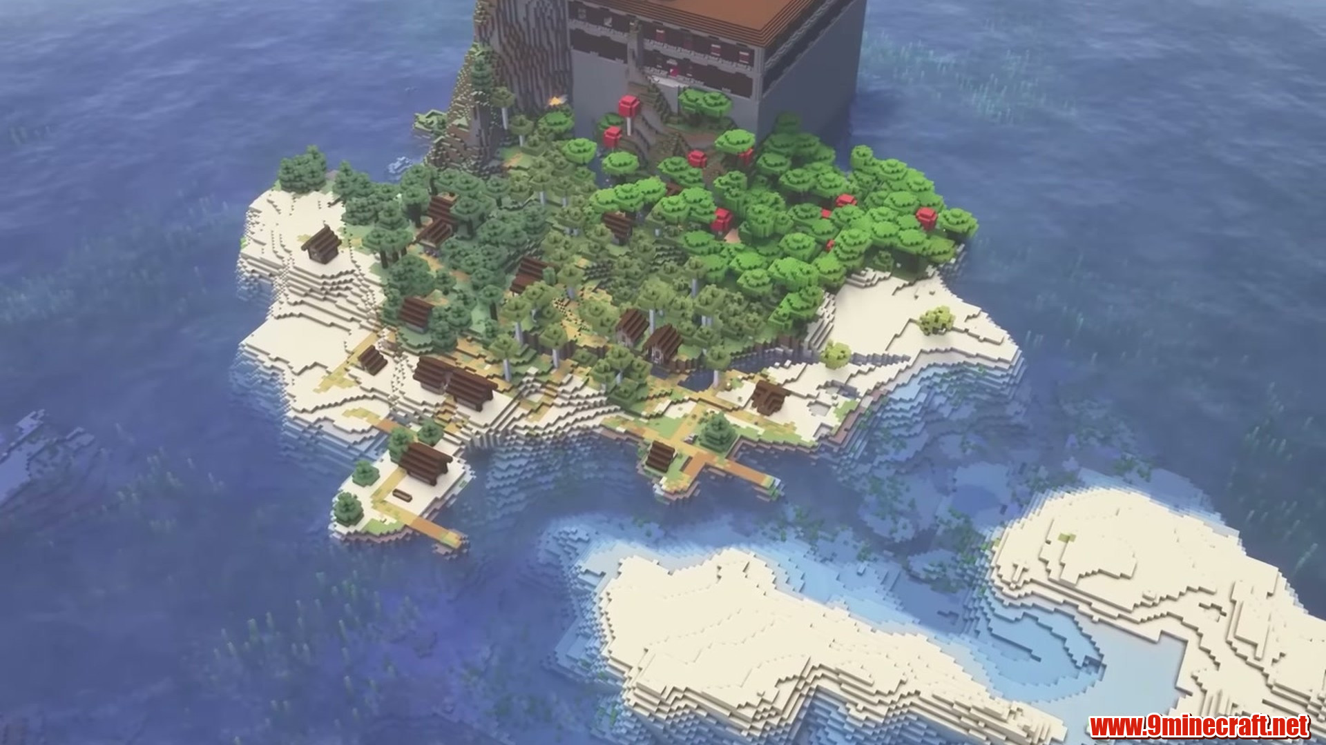 Aerial view of the mansion village island near coordinates 100 100