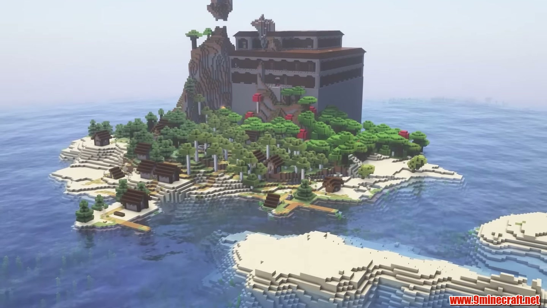 Ocean panorama around the compact woodland mansion survival island
