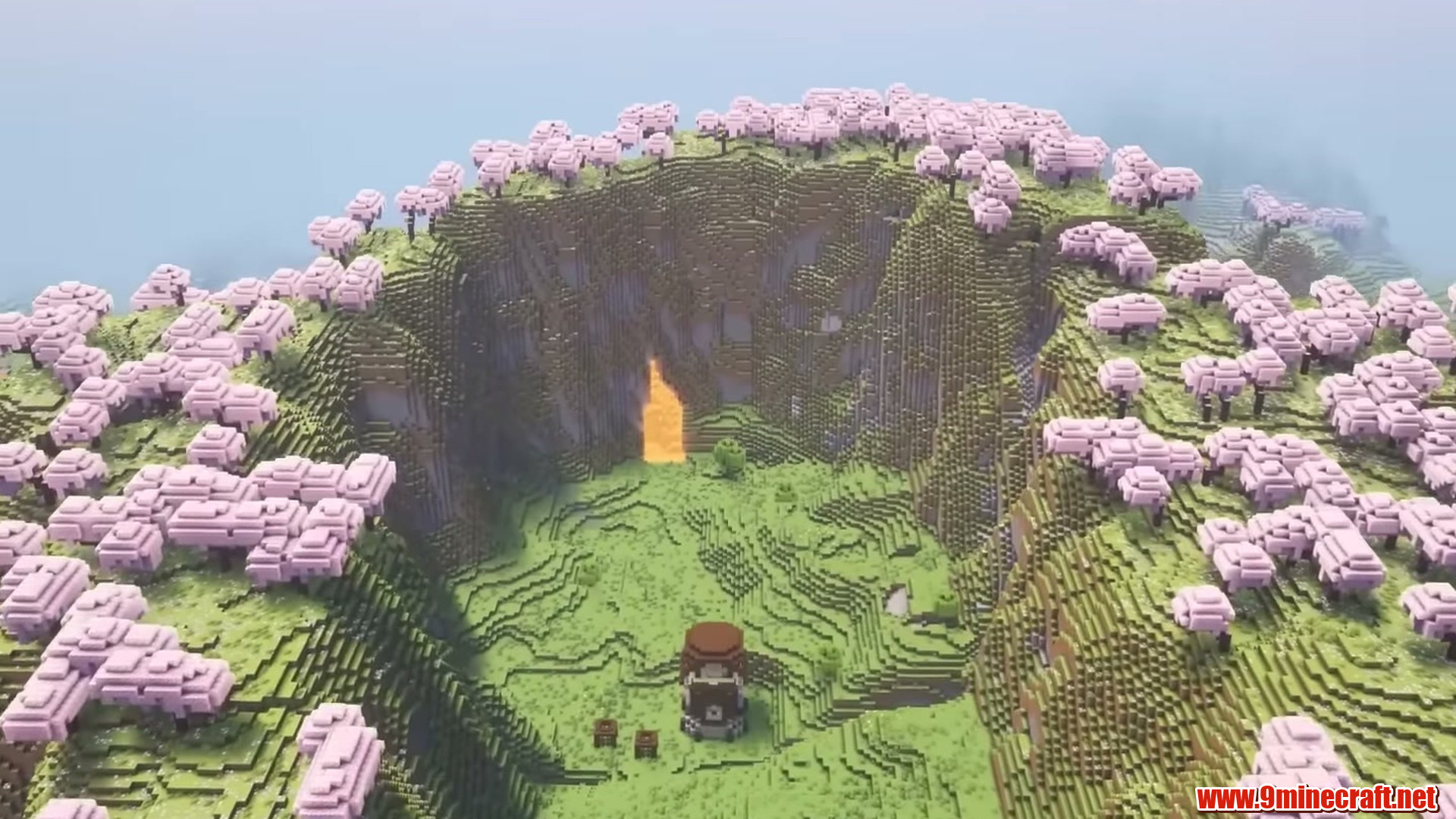 Cherry crater with pillager outpost in Minecraft seed 69420067509510262