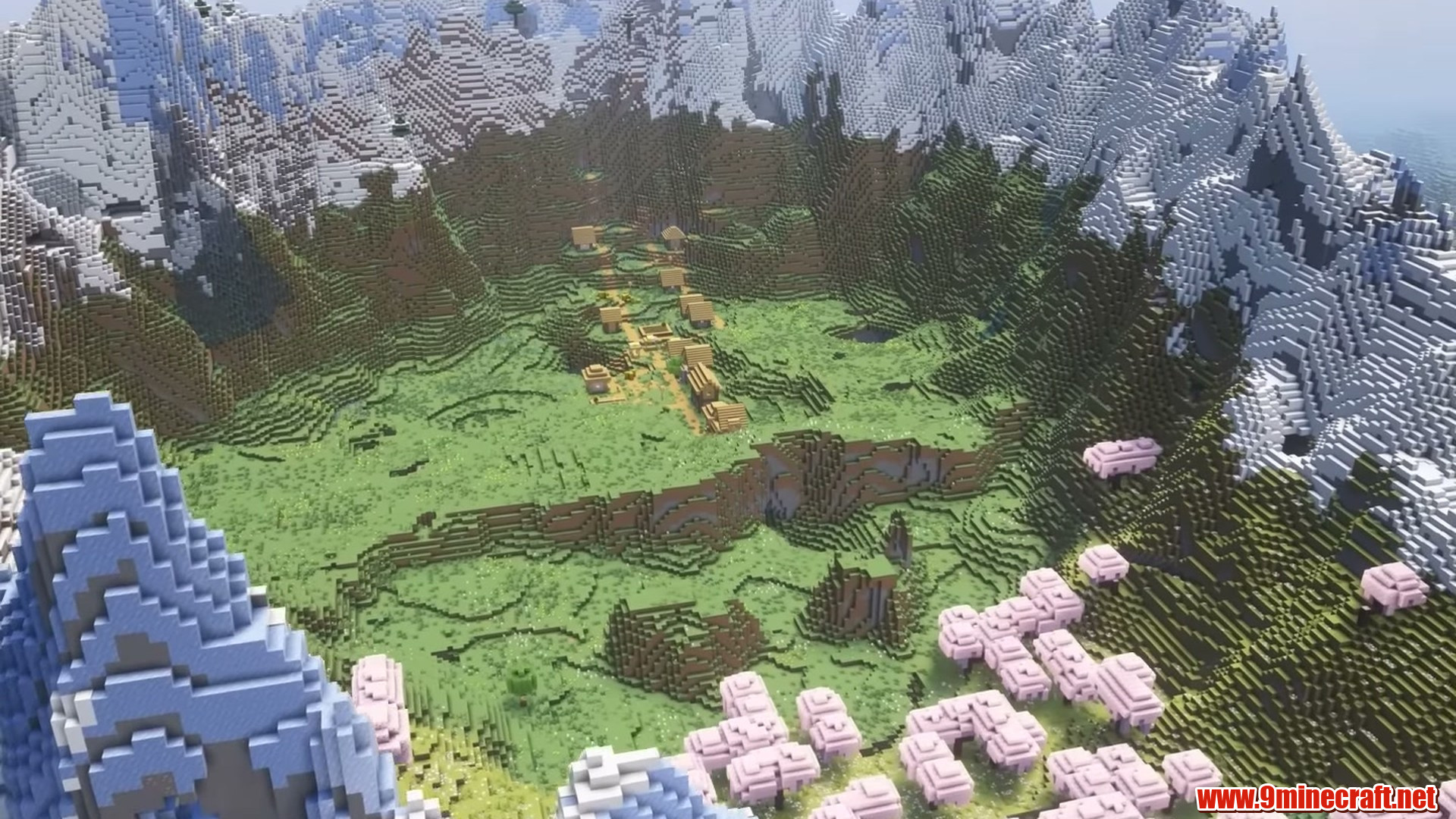 Mountain-ringed cherry village in Minecraft seed 6942694288548730513