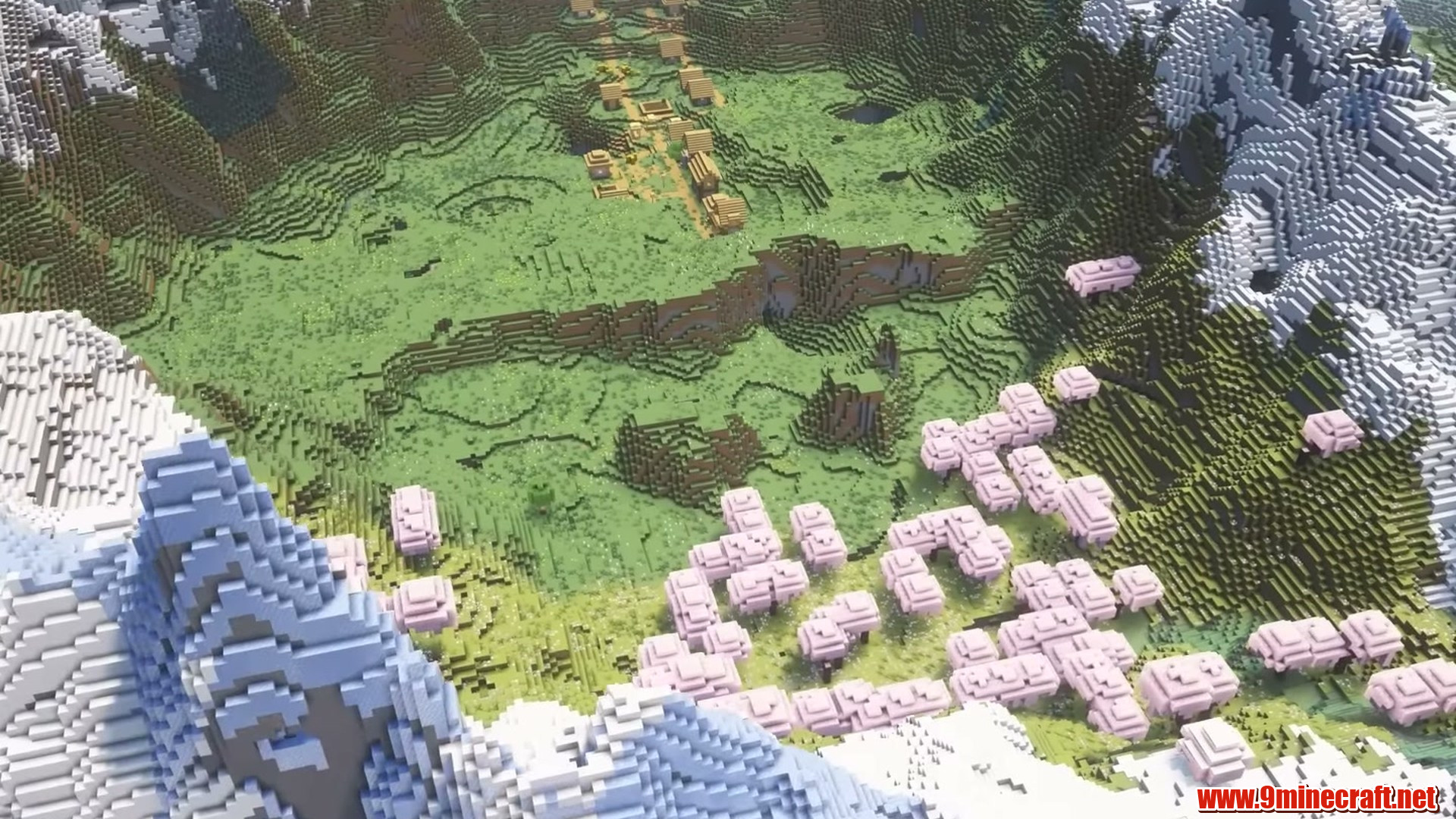 Plains village inside a snowy peak valley near coordinates 200 -150