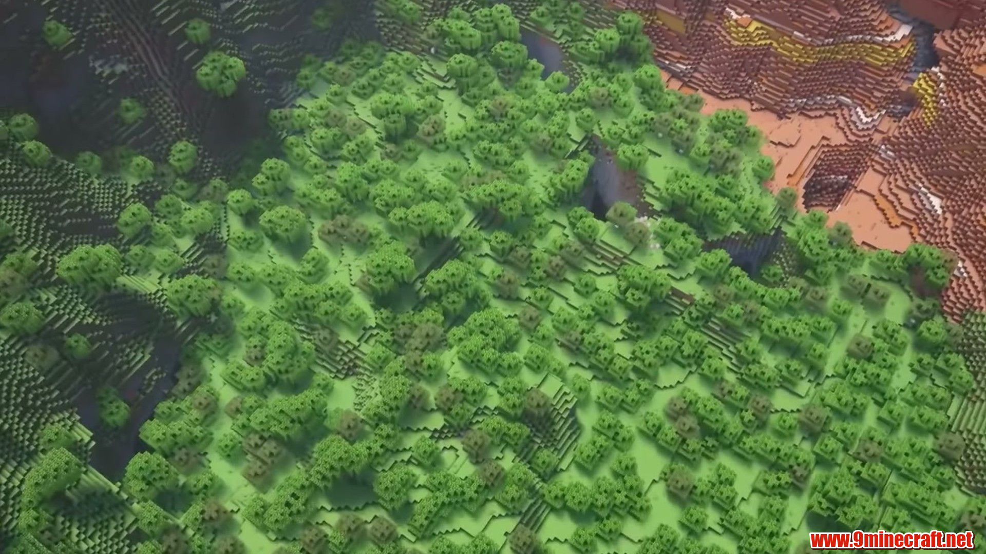 Aerial view of the multi-biome badlands and jungle spawn