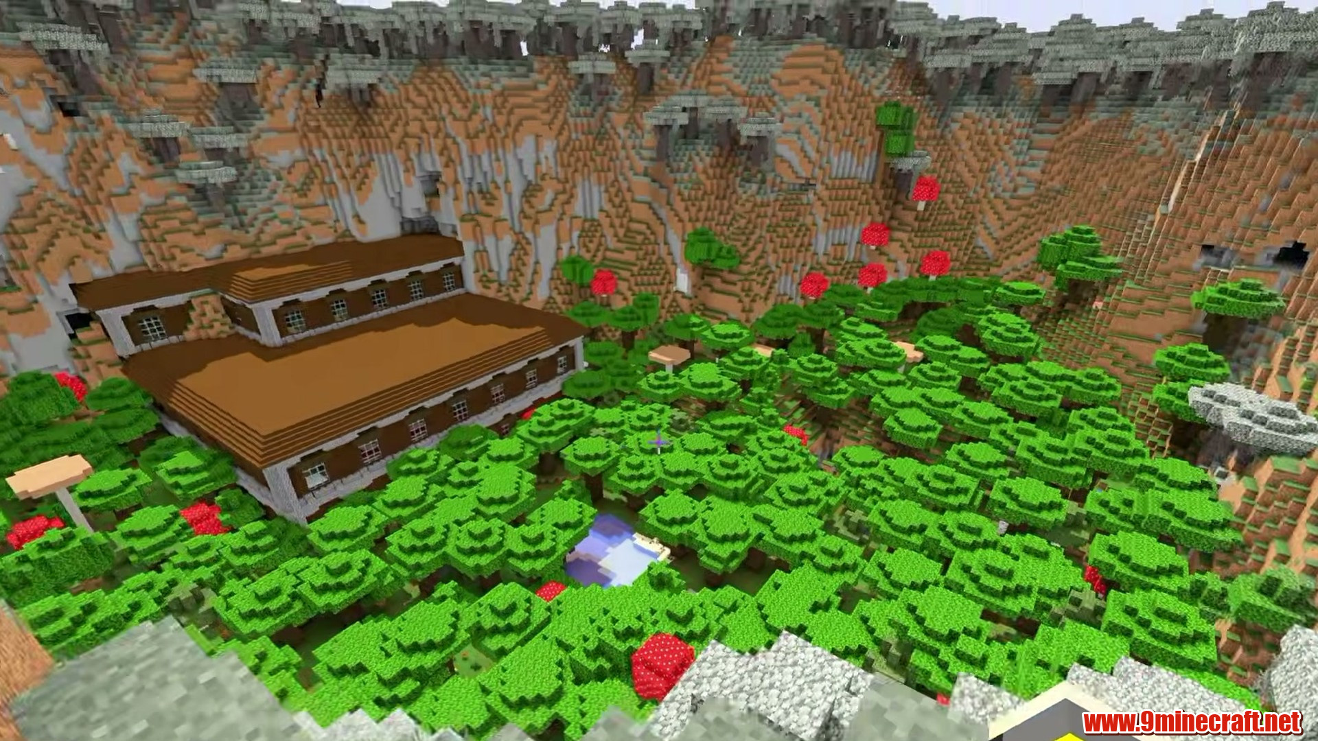 Pale garden trees ringing the mansion at spawn
