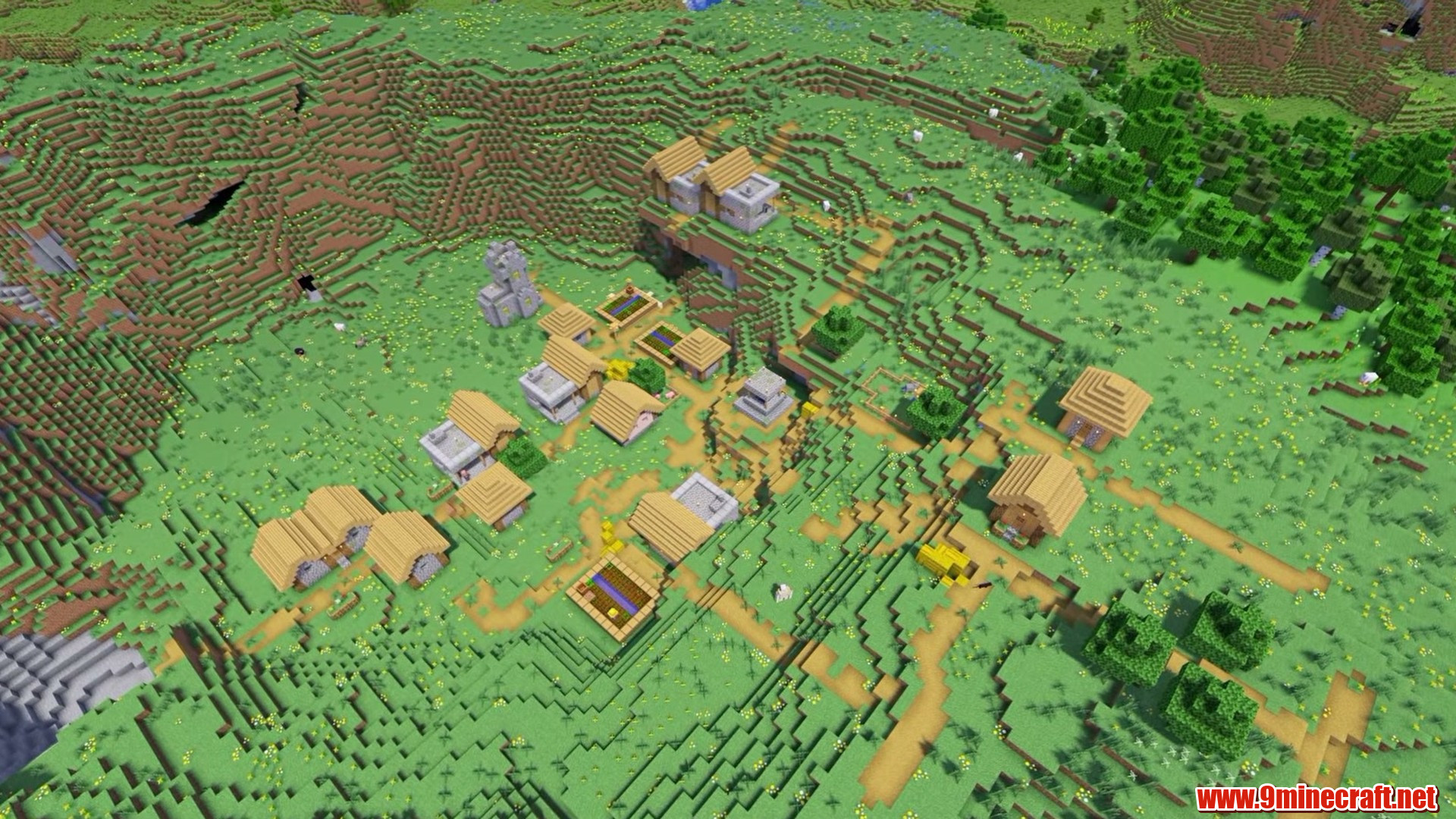 Five blacksmith village at spawn in Minecraft seed 3547946542