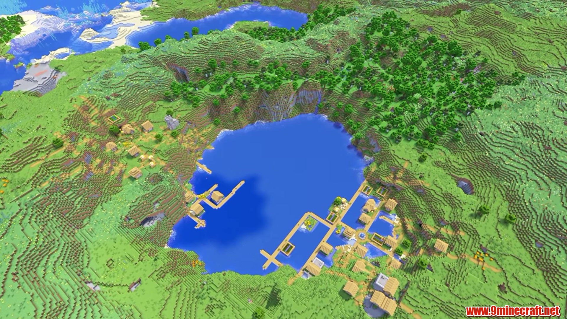 Village on a lake in Minecraft seed -5657647031884136284