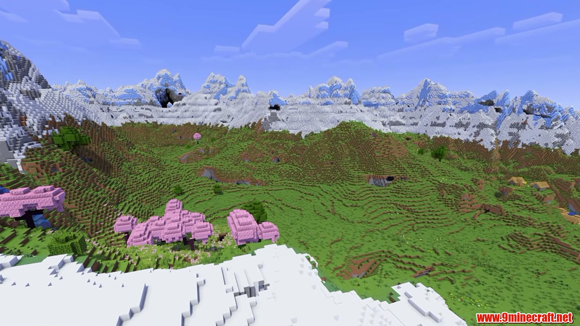 Mountain valley with cherry grove rim in Minecraft seed -6550767132987094258
