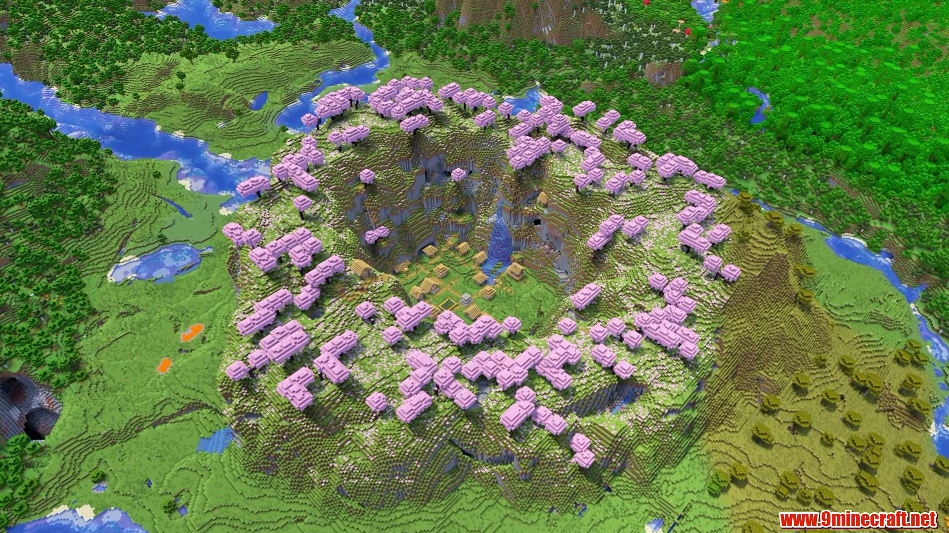 Cherry grove forming a ring around a village in Minecraft seed 642514965410