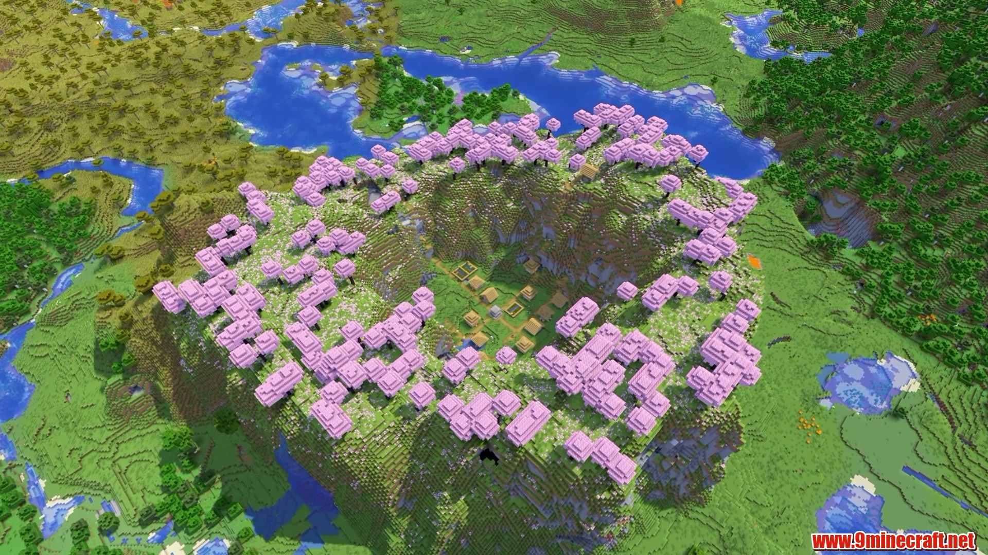 Inside the cherry grove crater village at spawn