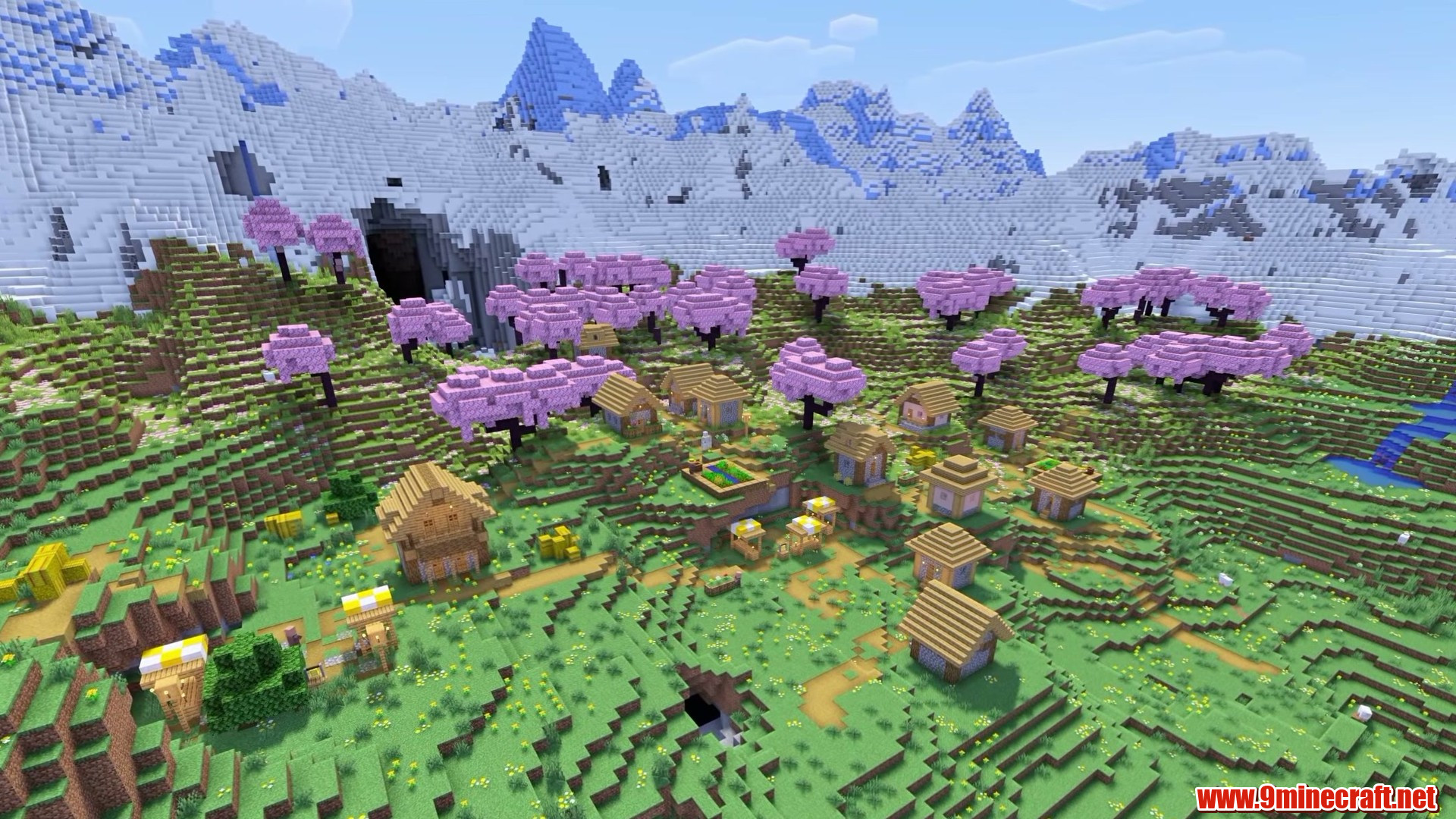 Two villages ringed by mountains in Minecraft seed 59457254975