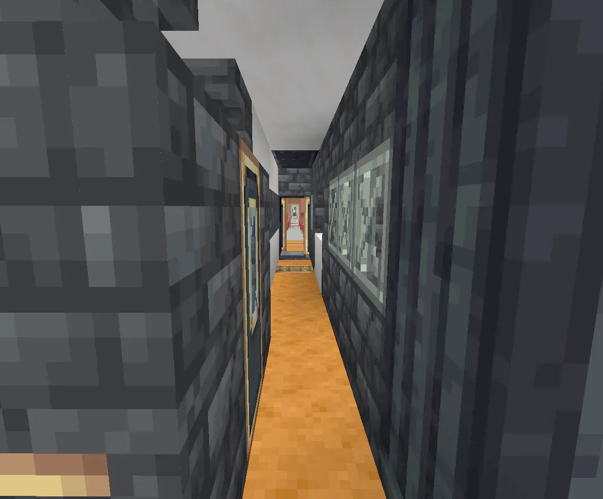 Narrow corridor with dark walls and orange carpet inside a Minecraft train