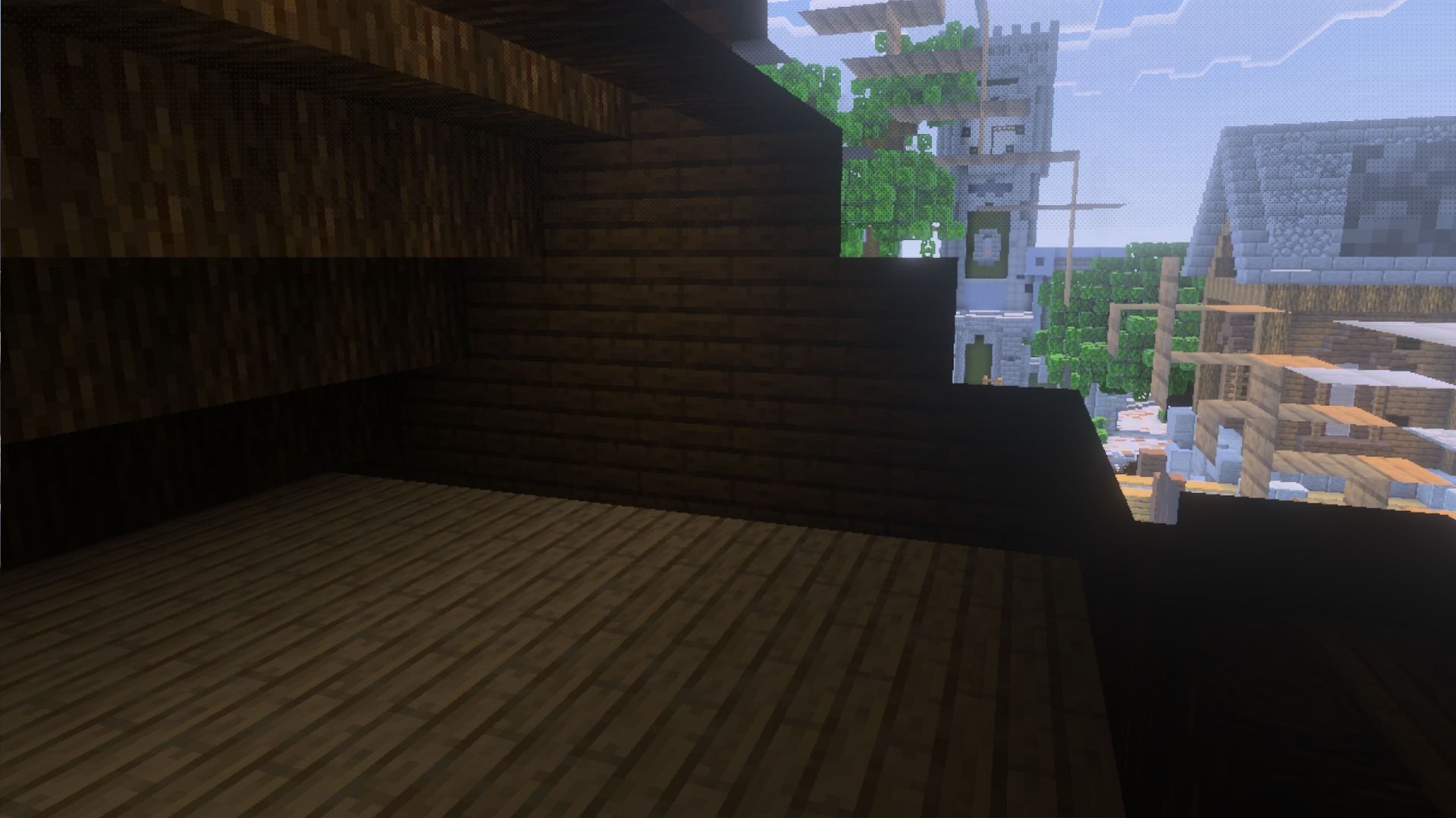 Detailed wooden log textures inside a structure looking out at bushy green trees