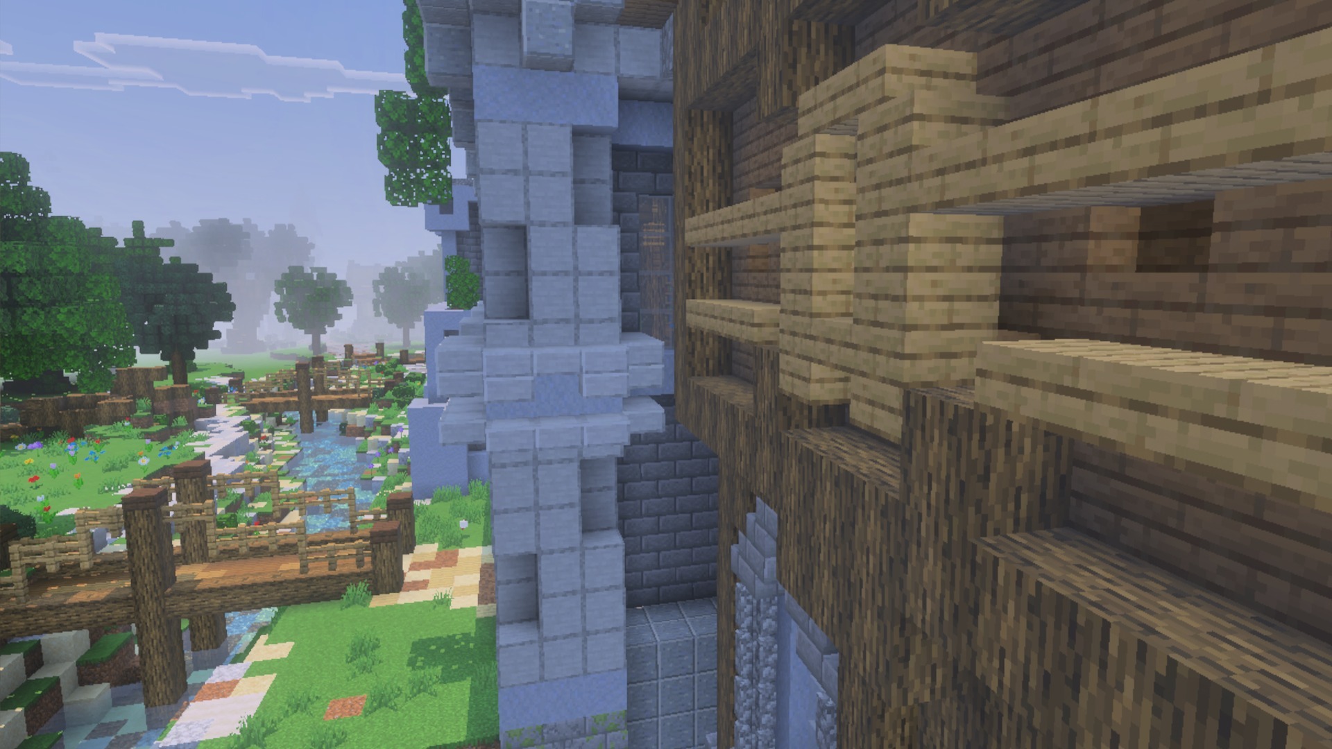 Close up of detailed wooden log textures on a building near bushy trees