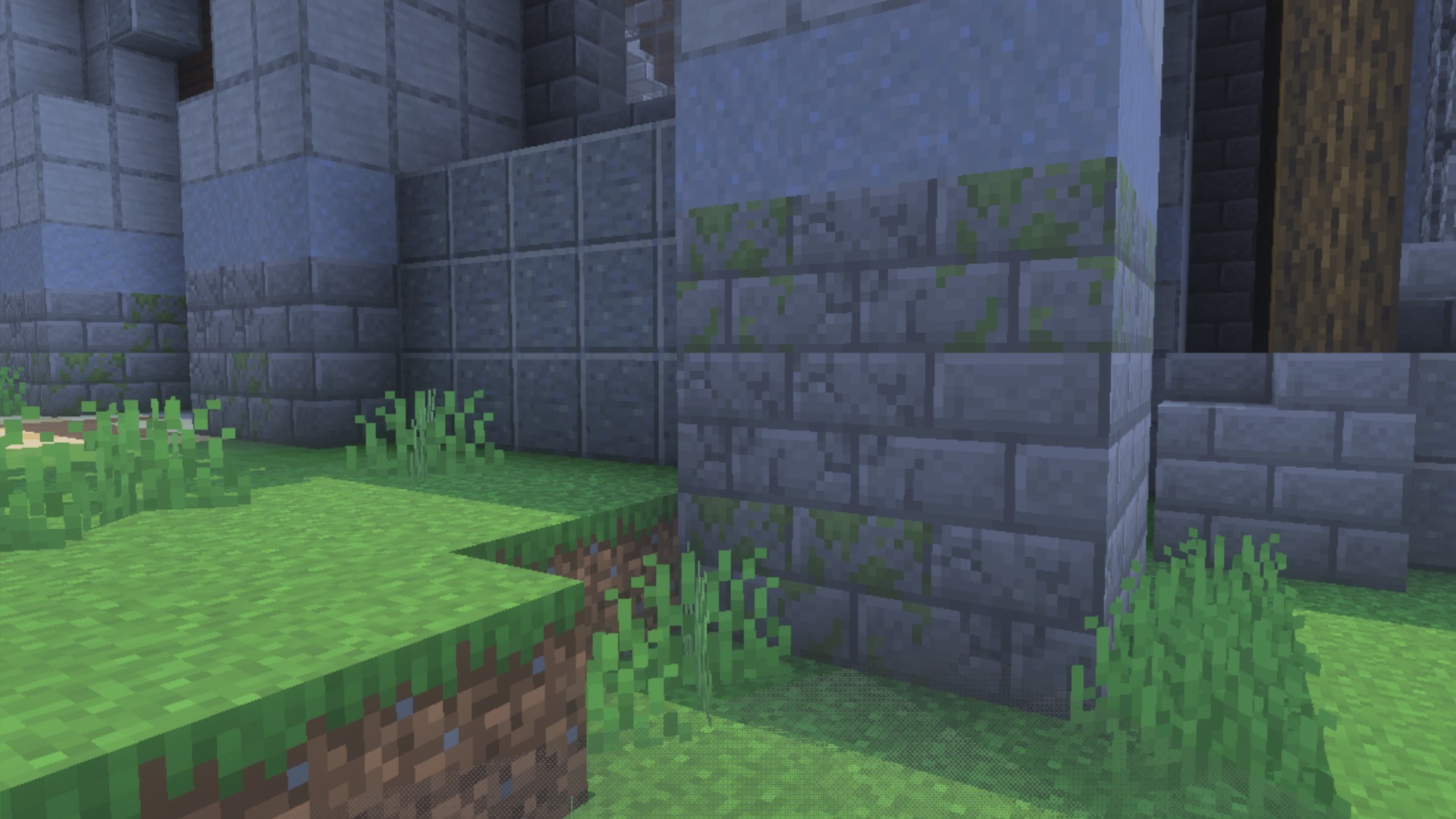 Detailed wooden log texture and stone bricks with mossy blocks in Minecraft