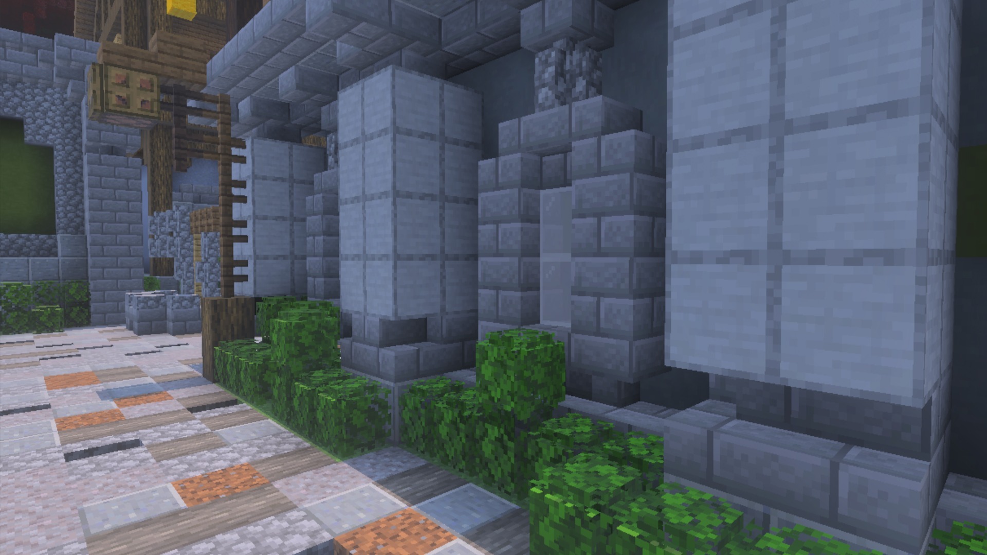 Trees Plus addon showing bushy green leaves and detailed stone walls