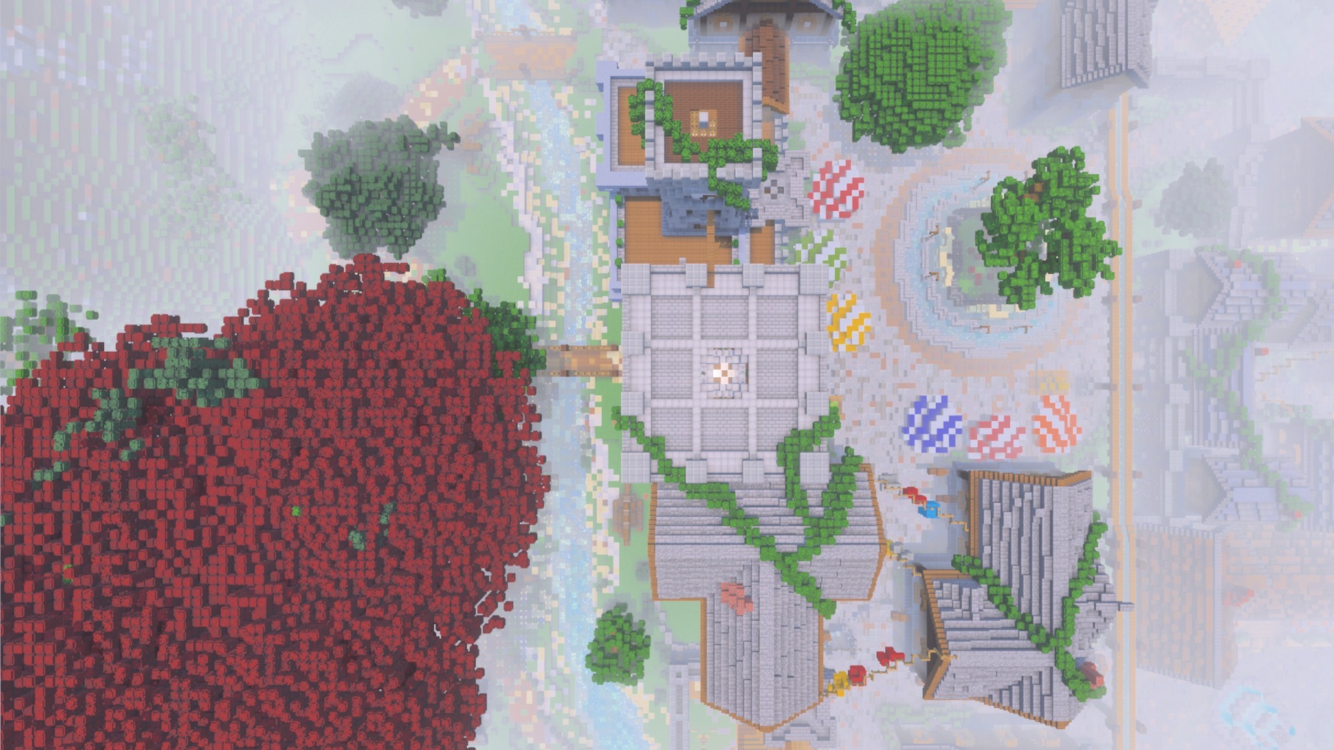 Trees Plus pack showing an aerial view of a village with red dark oak