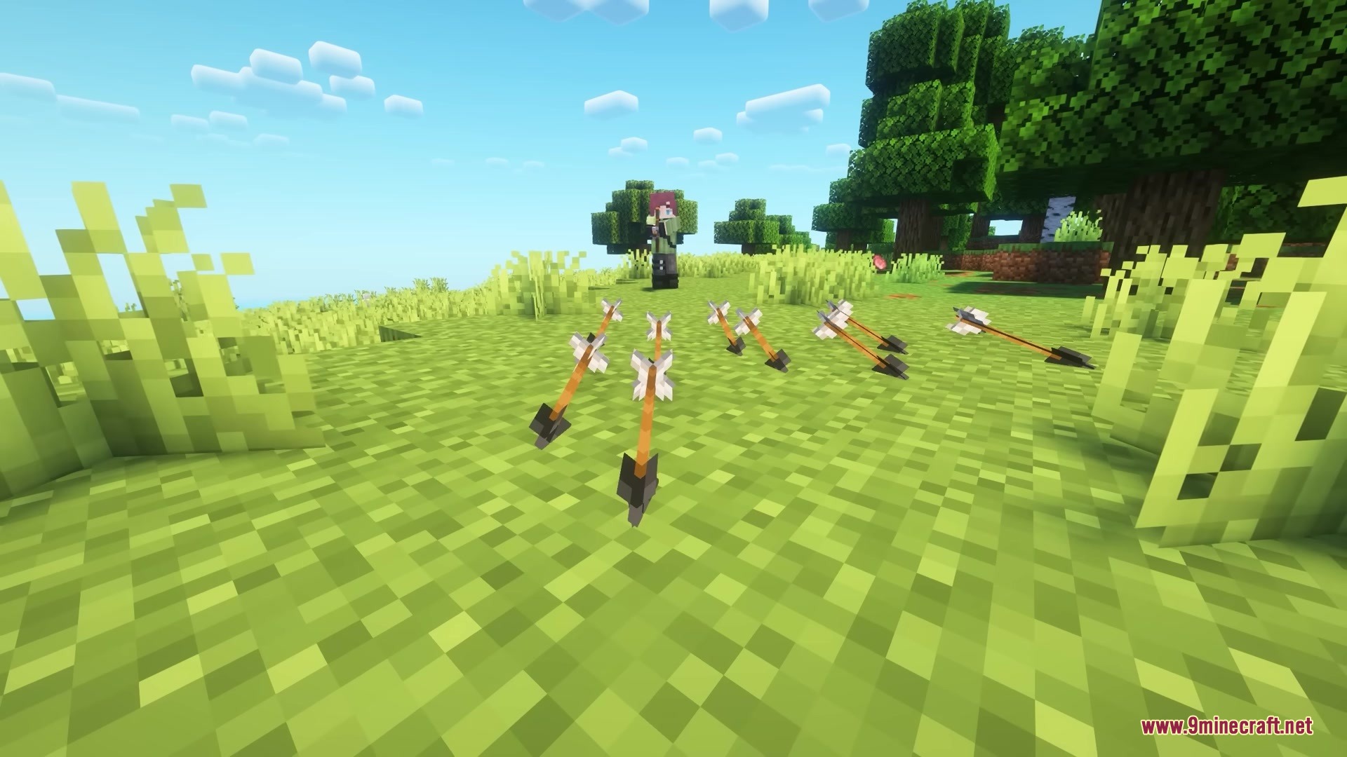 Multiple 3D modeled arrows stuck in the ground after being fired