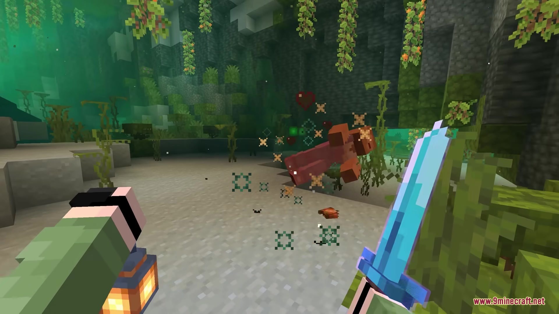 Player attacking a mob with a chunky 3D diamond sword in lush caves