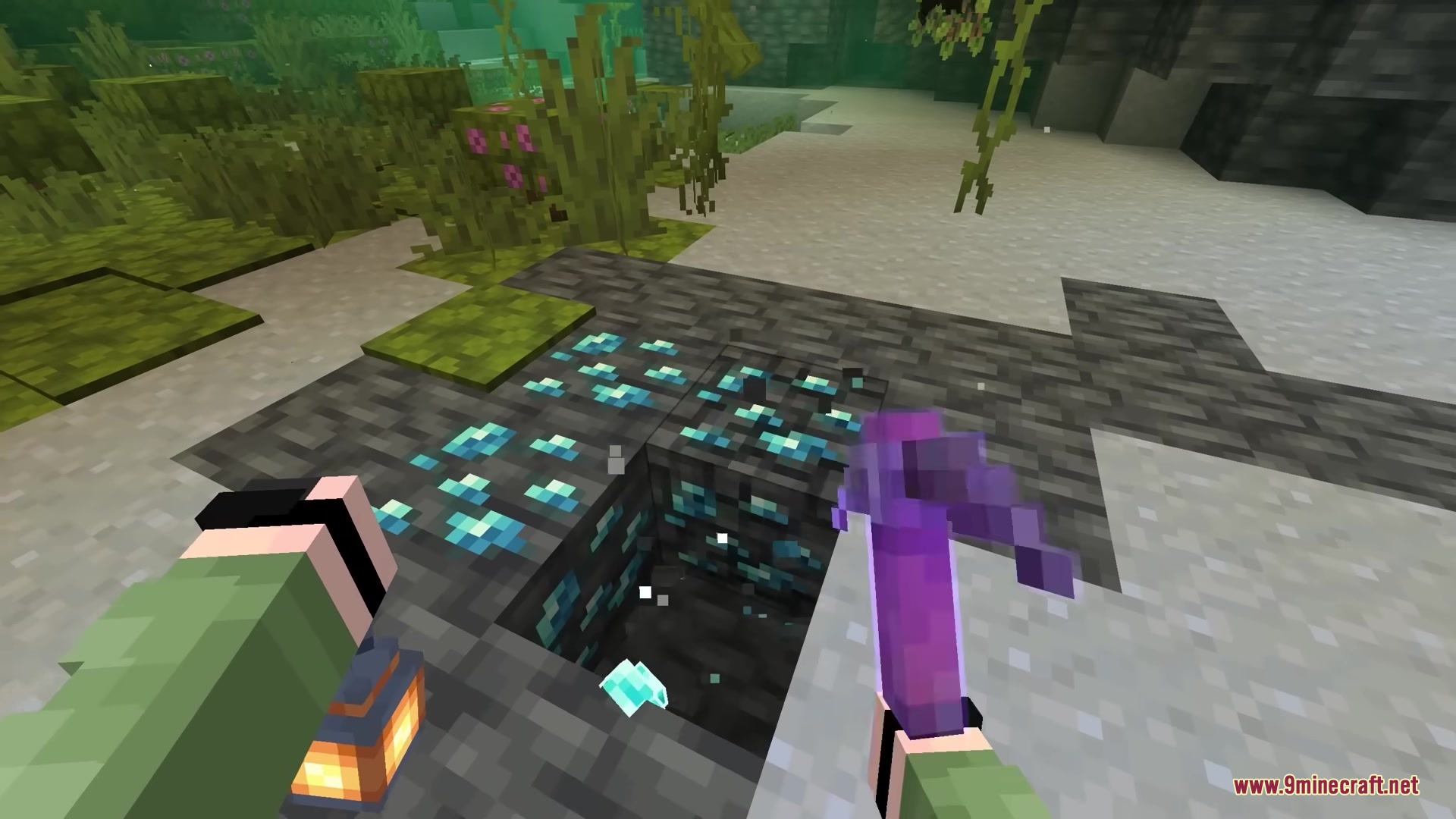 Player mining deepslate diamond ore using a chunky 3D netherite pickaxe model