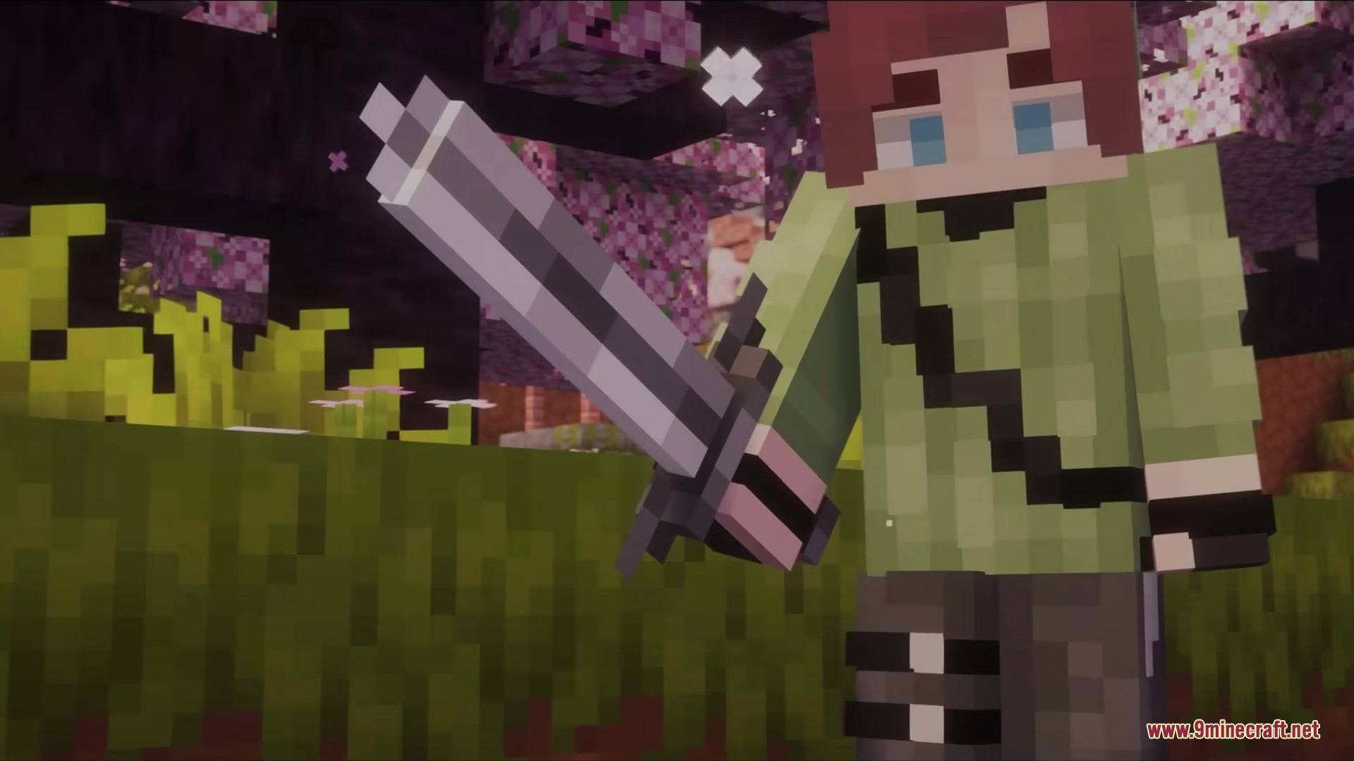 A character holds a chunky sword while standing in a cherry blossom forest